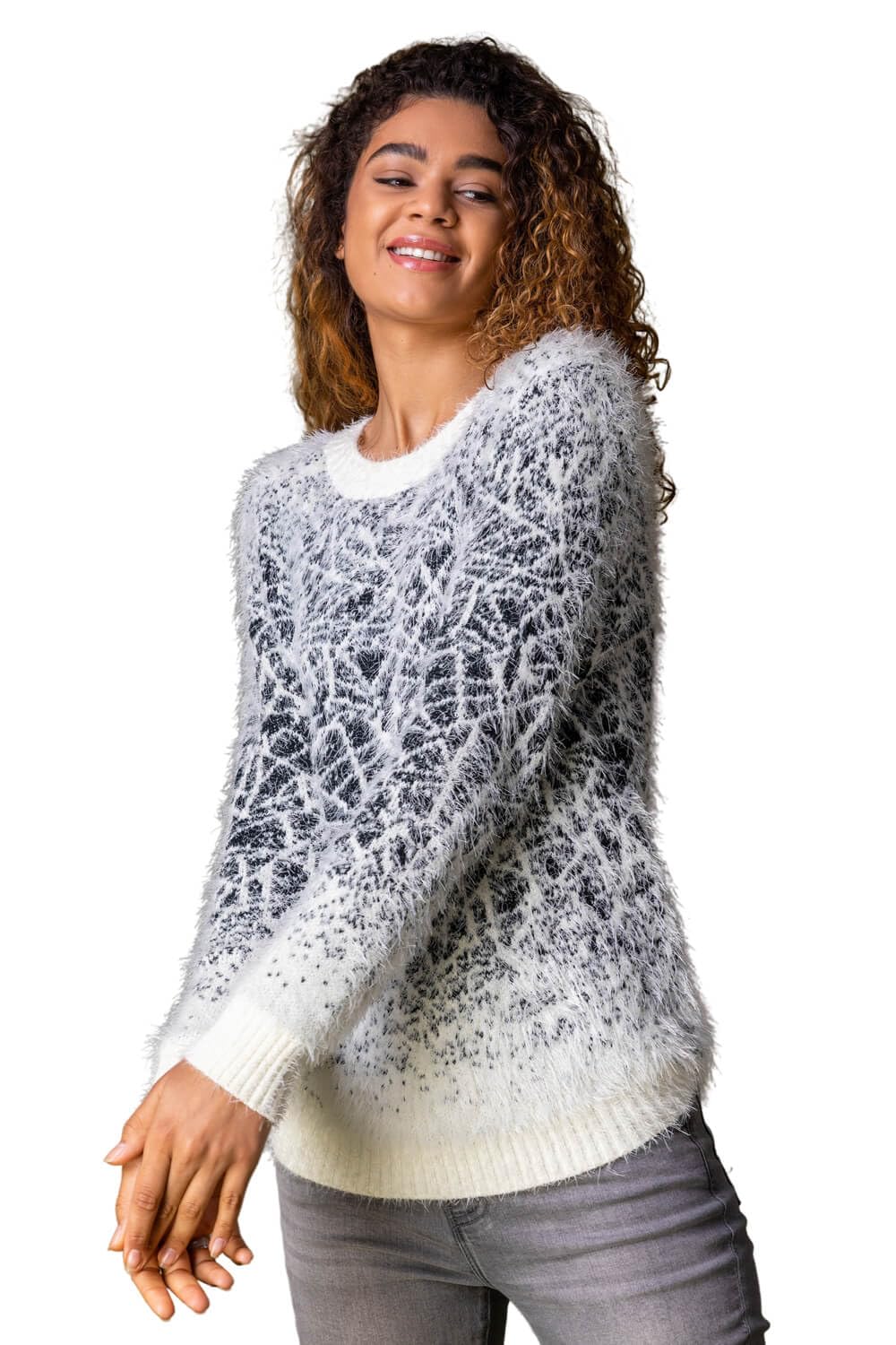 Roman Originals Women's Ivory Black Fluffy Yarn Jumper For Uk Thick Sweater Warm Cosy Chunky Knitted Pullover Winter Furry Casual Smart Textured Everyday Cuddly Comfy Soft Knitwear - Size 18