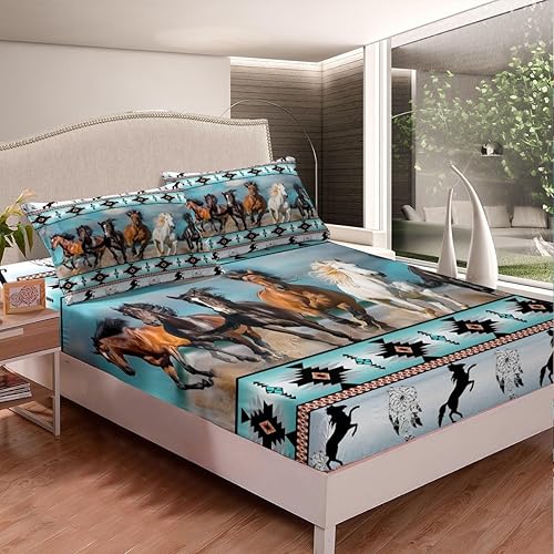 Miniatura 2 de Juego de ropa de cama con estampado de caballos tribales africanos, animales de granja, sábanas de cama étnica tribu flecha, atrapasueños, juego de