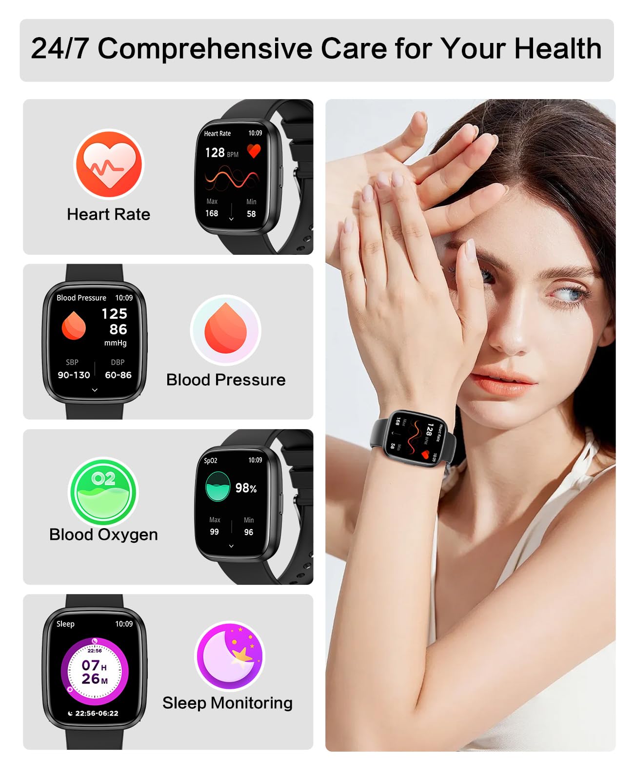 Smart Watches for Men/Women, 1.75" Bluetooth Call, AI Voice Smartwatch, 24/7 Heart Rate Monitor, Blood Pressure/SpO2/Sleep Tracker, IP68 Waterproof, 100+ Sports Fitness Tracker for Android iOS Black