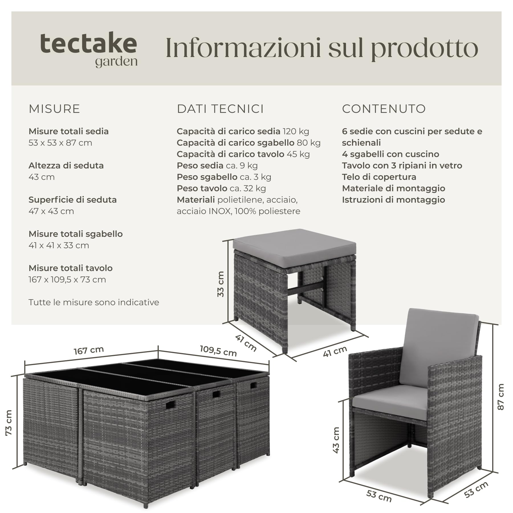 Tectake Set di Mobili Poli Rattan 6 Sedie 1 Tavolo Vetro 4 Sgabelli Involucro Protettivo Giardino Grigio