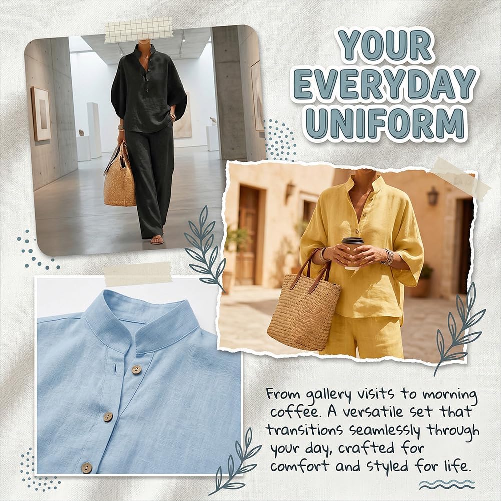 Women’s Batwing Sleeve Linen Cotton Two-Piece Set - Plus Size Casual Stand Collar Shirt Wide Leg Pants Outfits