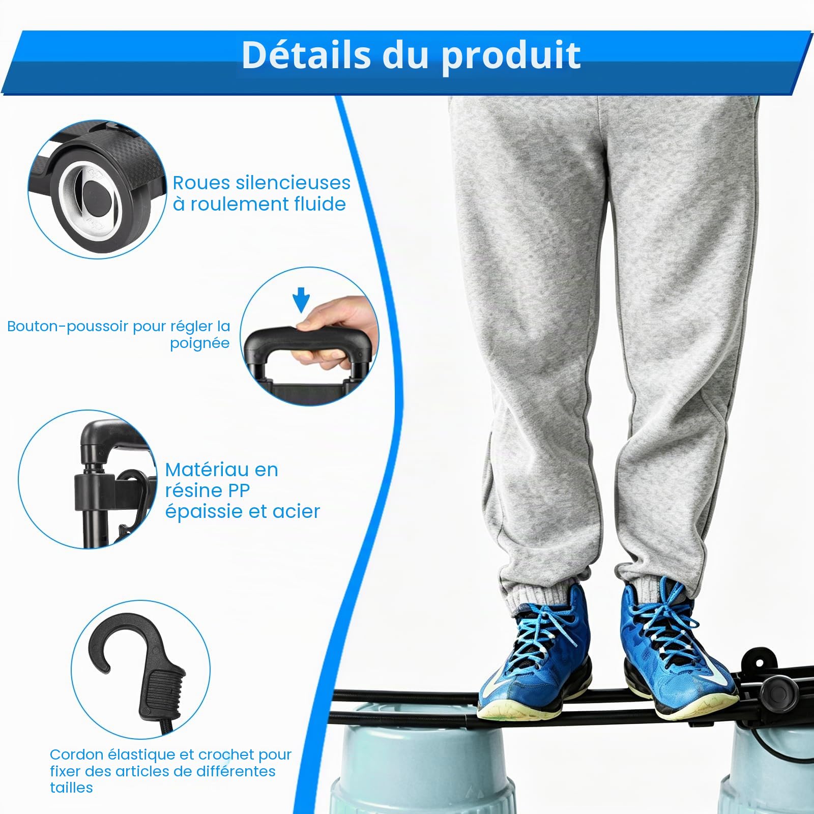 Chariot de Transport Pliable, Chariot à Plateforme 50 kg, Diable Pliable Compact avec Poignée Télescopique pour Transport, Déménagement, Usage Maison et Bureau