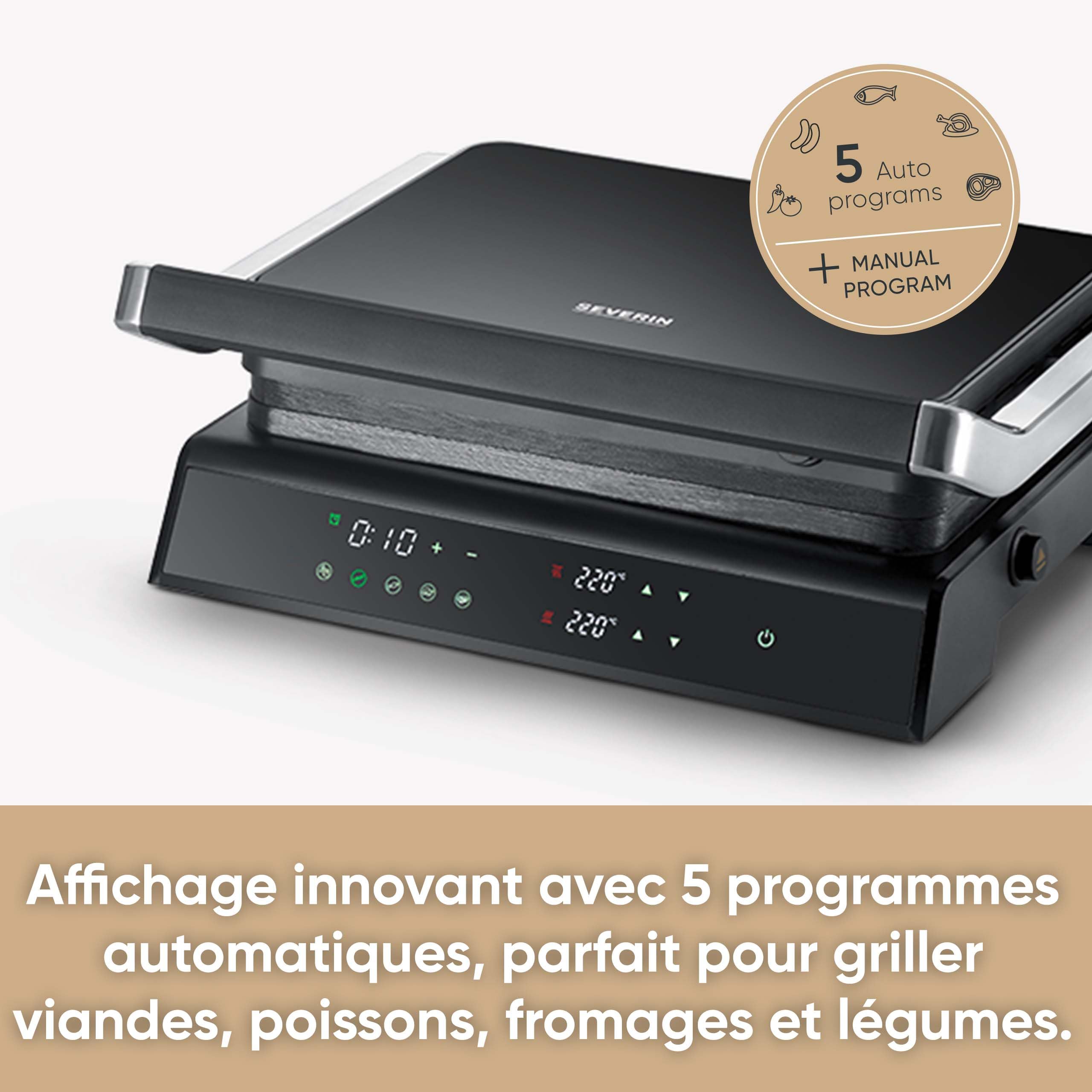 SEVERIN SEVINI COMFORT Multi-gril viande 5 programmes, Gril avec fonction plancha, Gril électrique multifonction pour légumes, steaks et paninis, Plaques avec revêtement céramique, Noir/Inox, KG 2399