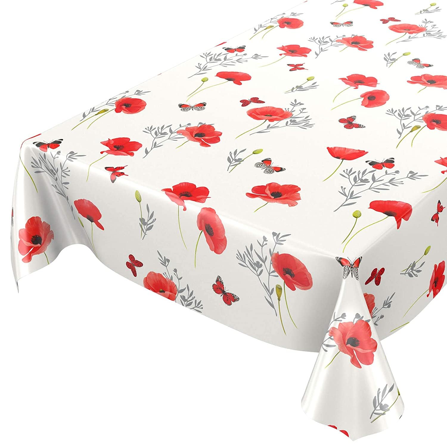 Designers247 Off White Red Poppy Flowers PVC Tablecloth Silver Grey Green Leaves Poppies Floral PVC Vinyl Plastic Oilcloth Wipe Clean Table Cloth Protector (220cm x 140cm Rectangle 87" x 54" inches) — image 1