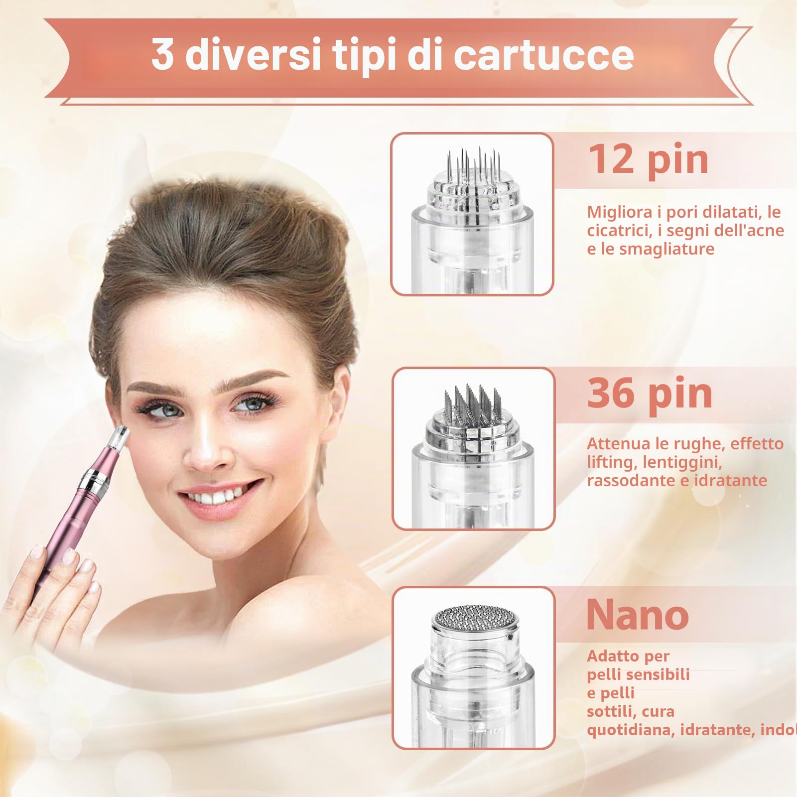 Penna microneedling elettrica a 8 velocità, 0-2,5 mm, con luce LED a 7 modelli, con siero facciale all'acido ialuronico (include 12 cartucce di aghi) (rosa)