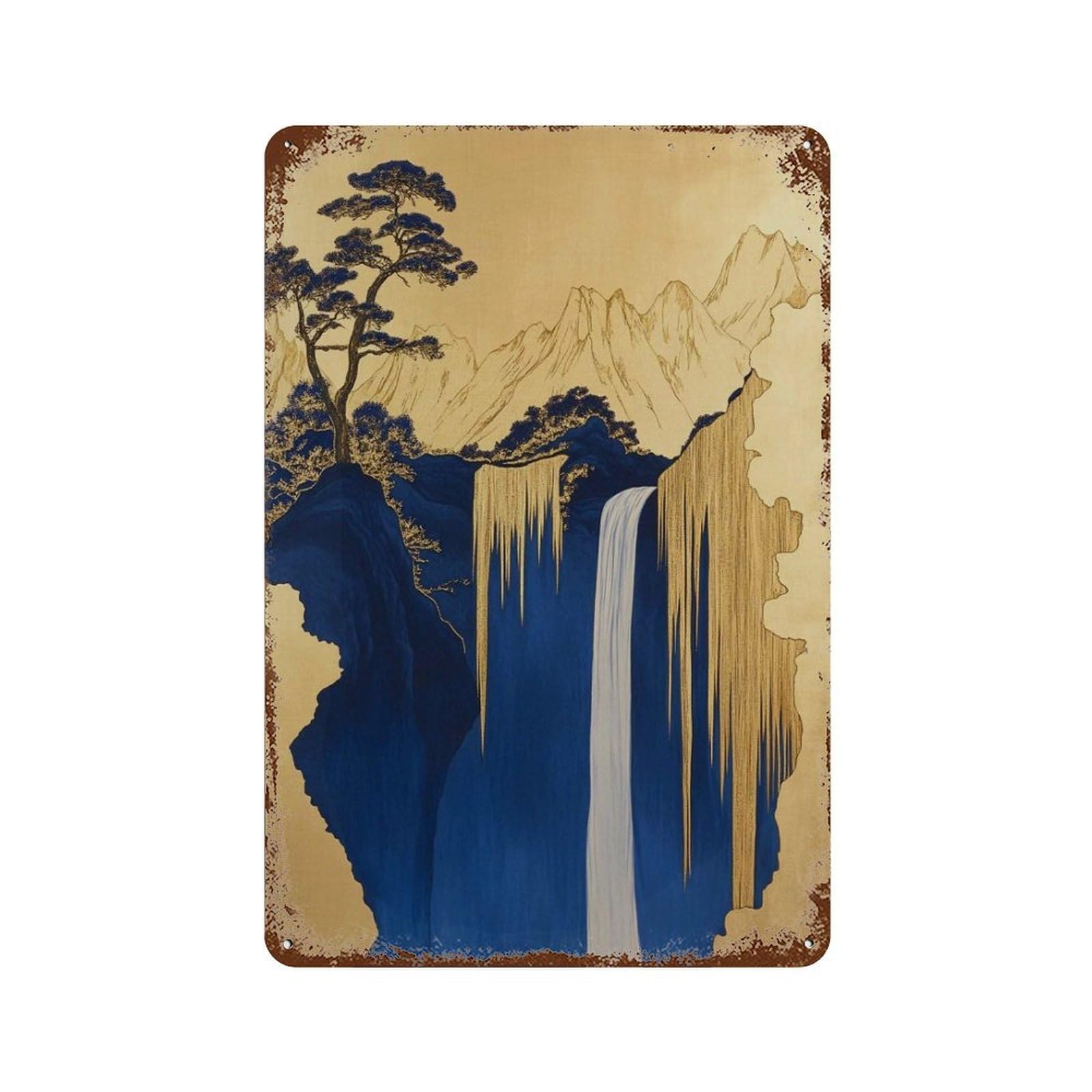 xiaoxiaoshen Blue Gold Waterfall Landscape Asian Mountain Elegant Nature Scenic Wall Decor Art Metal Tin Poster Modern Home Decor Art Home Bar Shop Decorations Vintage Sign 30x20cm