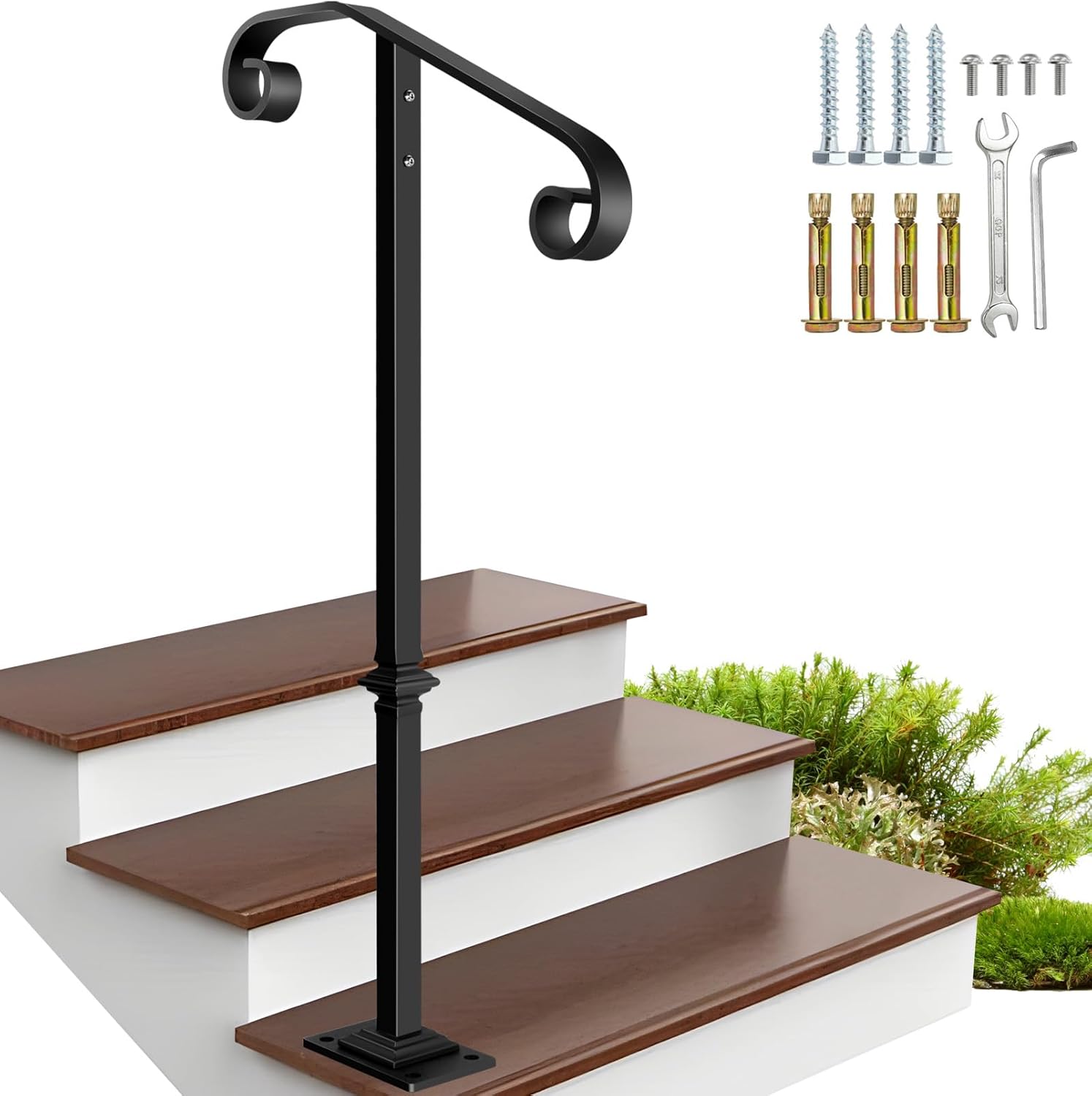 Handrail Railing, Single Post Handrail, Sturdy Outdoor Handrails with Base, Wrought Iron Stair Handrail Fits 1 or 2 Steps, Grab Rail for Steps Porch, Black