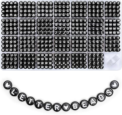 Praisebank 1350 cuentas de letras redondas de 0.157 x 0.27 pulgadas (blanco sobre negro), cuentas redondas del alfabeto, cuentas para hacer joyas,