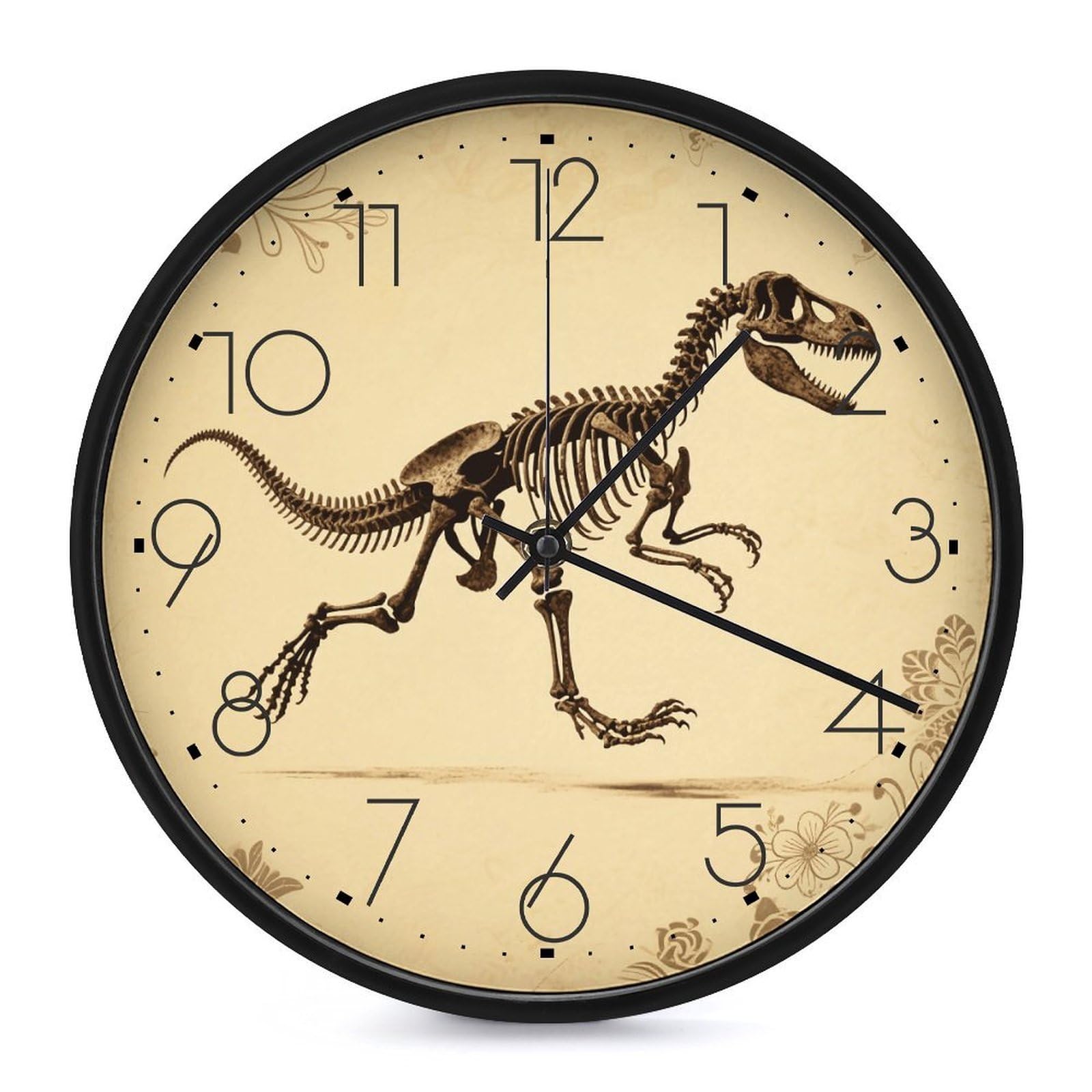 VstaDank Dinosaur Skeleton Print Wall Clock Battery Operated Silent Non Ticking 10 Inch Decorative Round Wall Clock Modern Fashion Classic Clock for Home Living Room Kitchen Bedroom Office