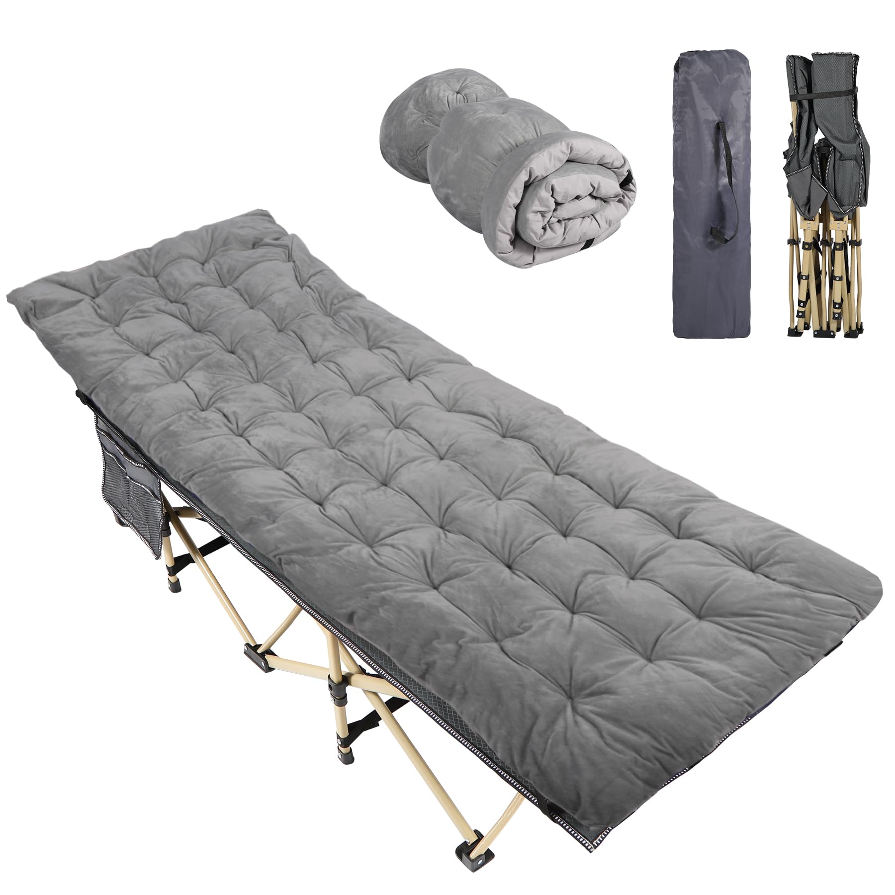 REDCAMP Folding Camping Beds for adults, Heavy Duty Sturdy Camp Bed with Thick and Soft Mattress, Stronge Thicker Tubes Sleeping Bed Outdoor Travel Office, Grey with Thicker Pad