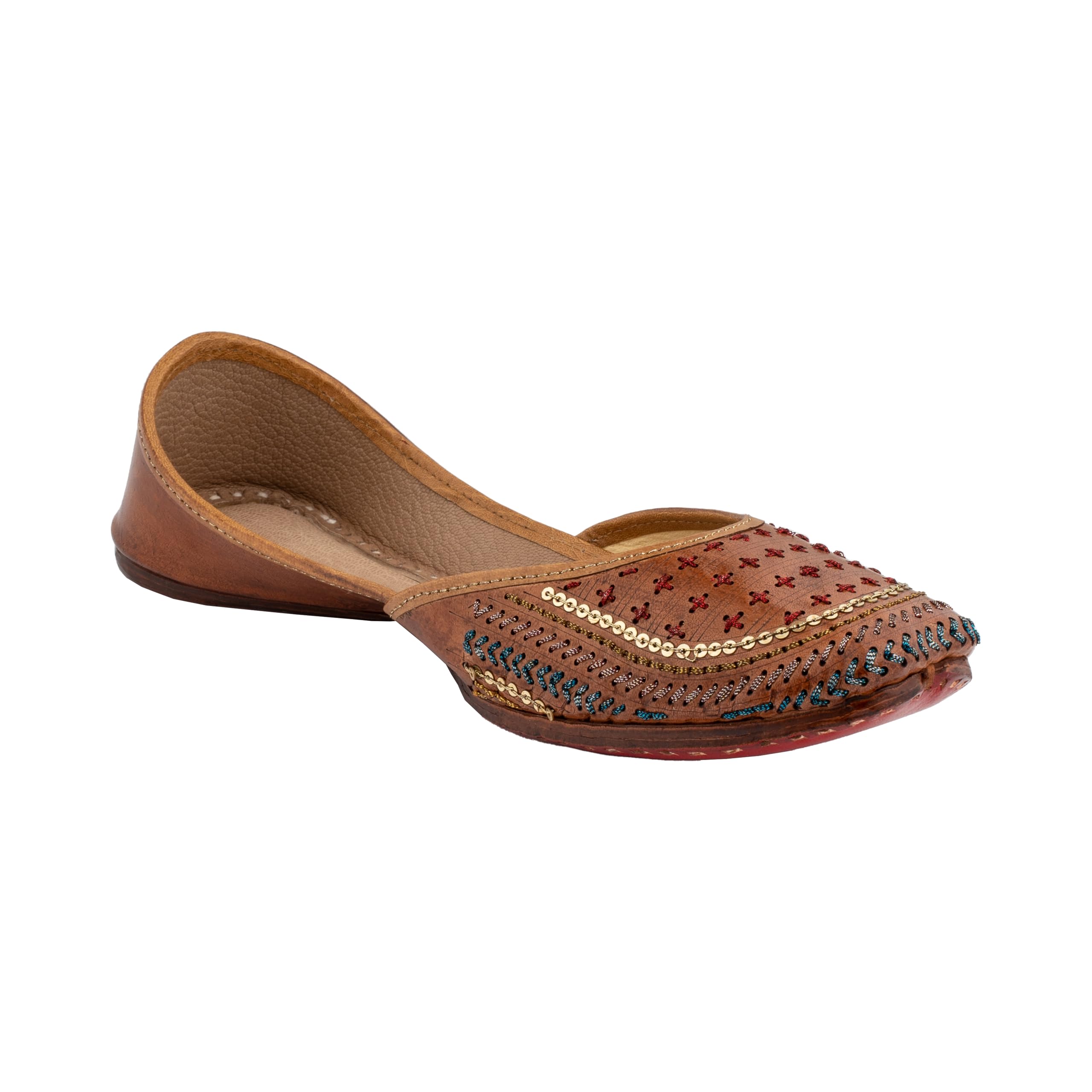 Women's Traditional Ethnic Walnut Coffee Punjabi Jutti, Leather Flat Comfortable Mojaris for Girls (Size: UK4-9, Tan)