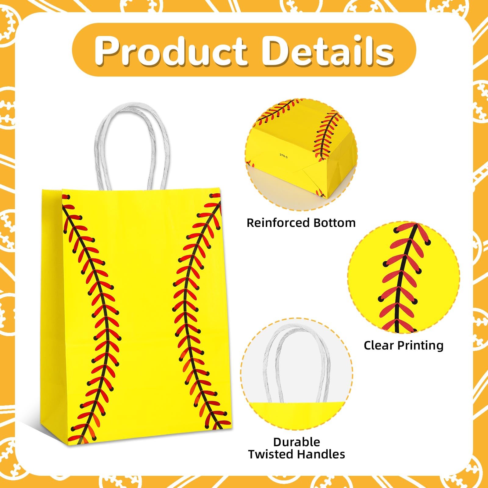 WATMTIN 18 Pcs Softball Party Gift Bags, Softball Pattern Gift Bag with Handle, Paper Treat Candy Goodie Bags for Softball-Themed Party Games Sports Day Birthday Decorations Supplies