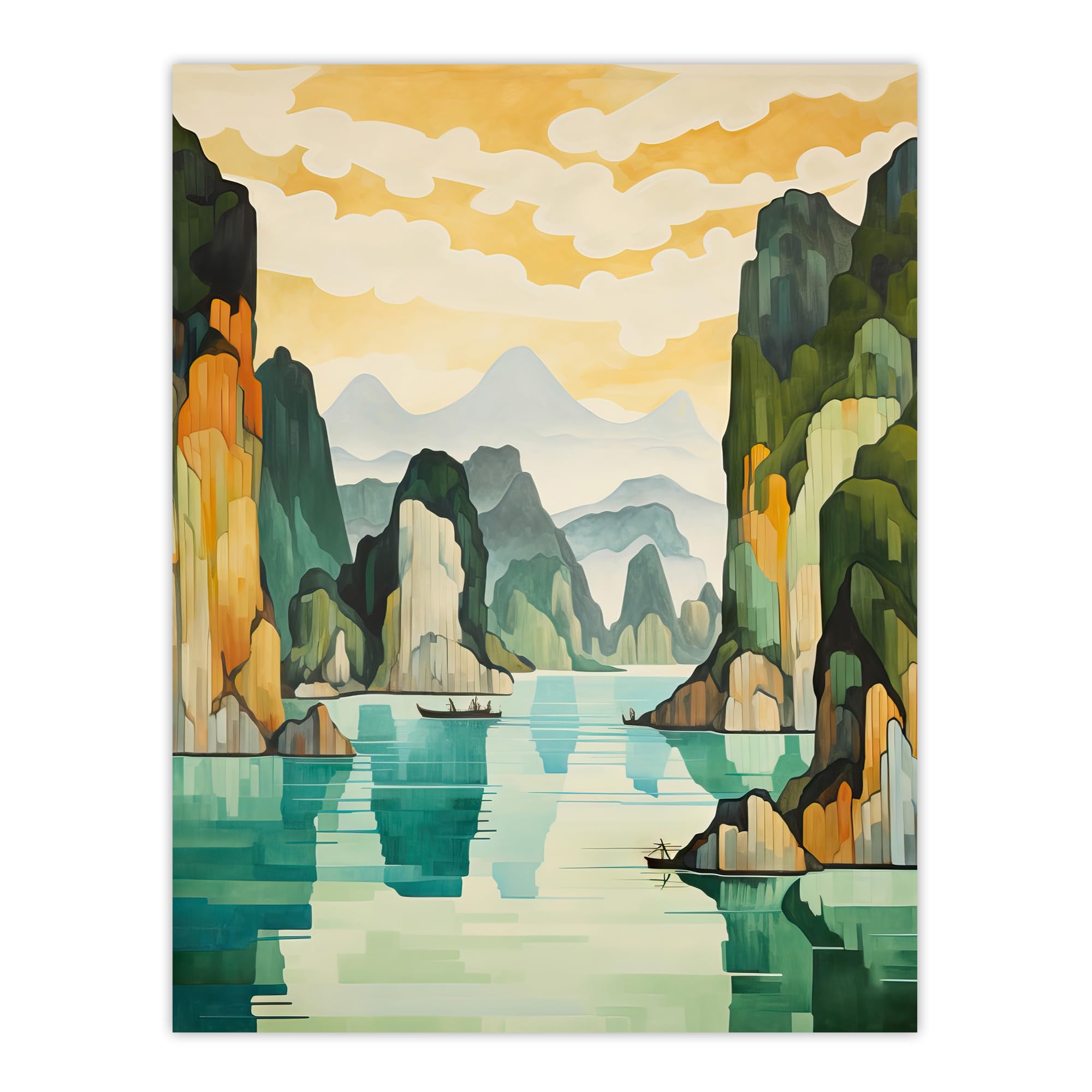 Artery8 Ha Long Bay Watercolour Painting Vietnam Limestone Islands In Emerald Waters Pastel Colour Seascape Extra Large XL Wall Art Poster Print