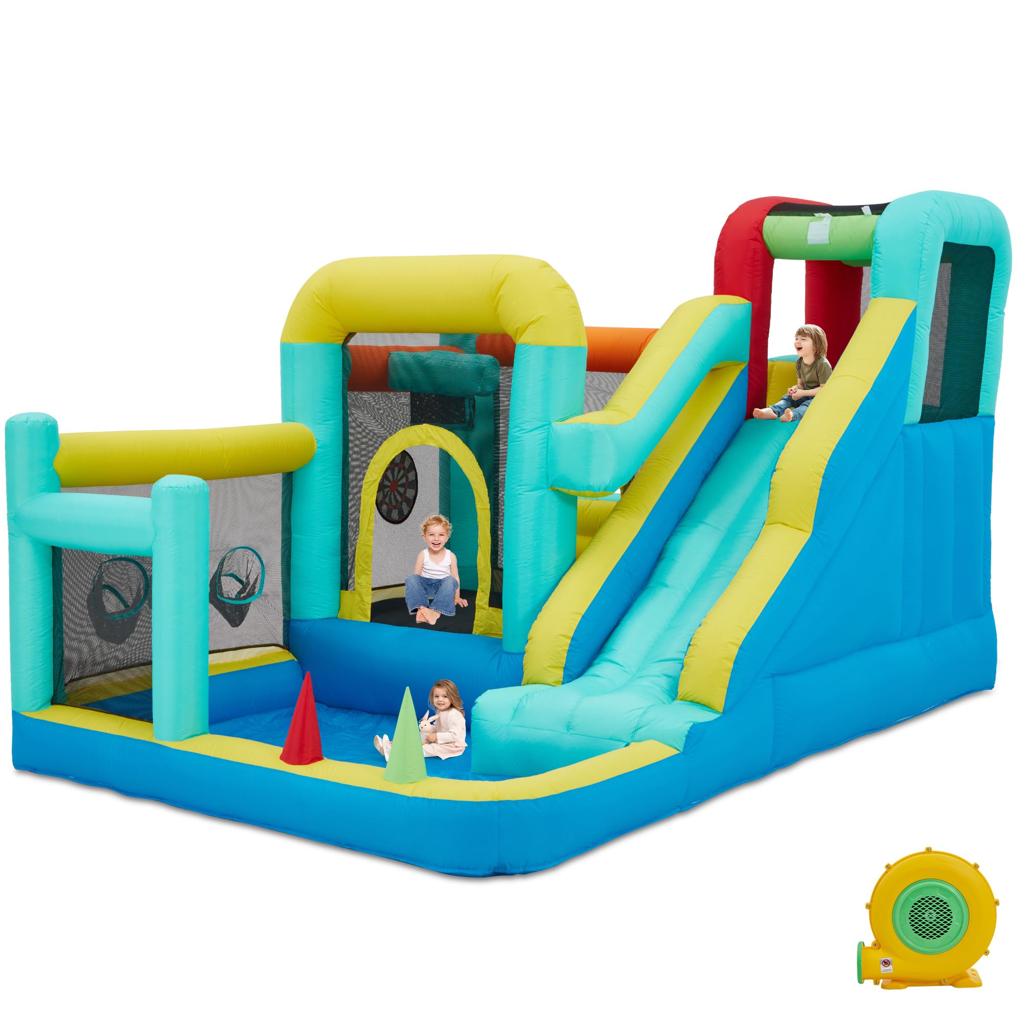 Bounce House,Inflatable Bounce Castle with Blower for Kids 3-12,Indoor & Outdoor Bouncy House with Slide,Climbing Wall,Trampoline,Ball Pit,Basketball Hoop