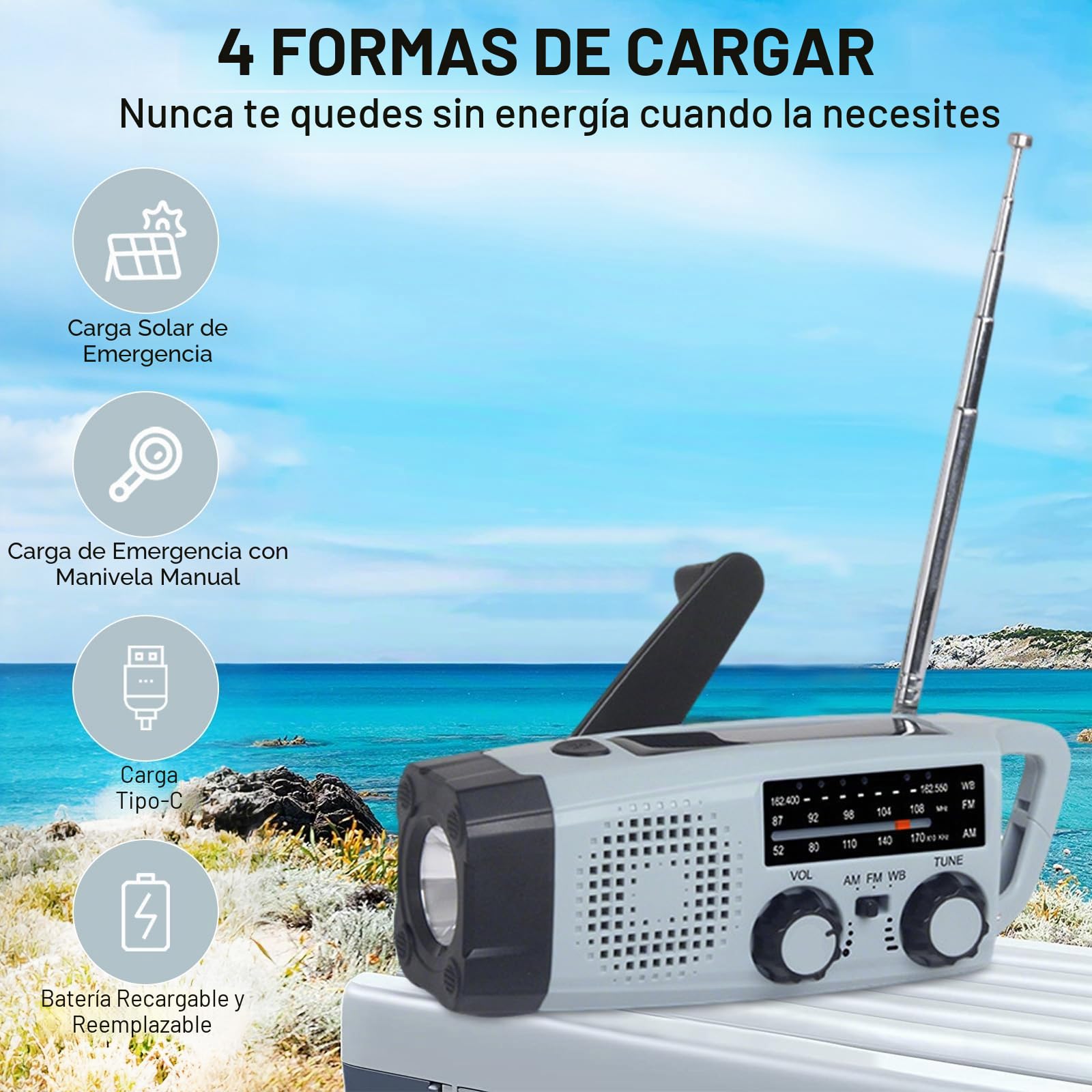 Radio de manivela, 2000 mAh, radio de emergencia con manivela y solar AM/FM/SW Radio con alarma SOS, 3 vías de carga, radios de emergencia, interior y exterior, camping, banco de energía, manivela