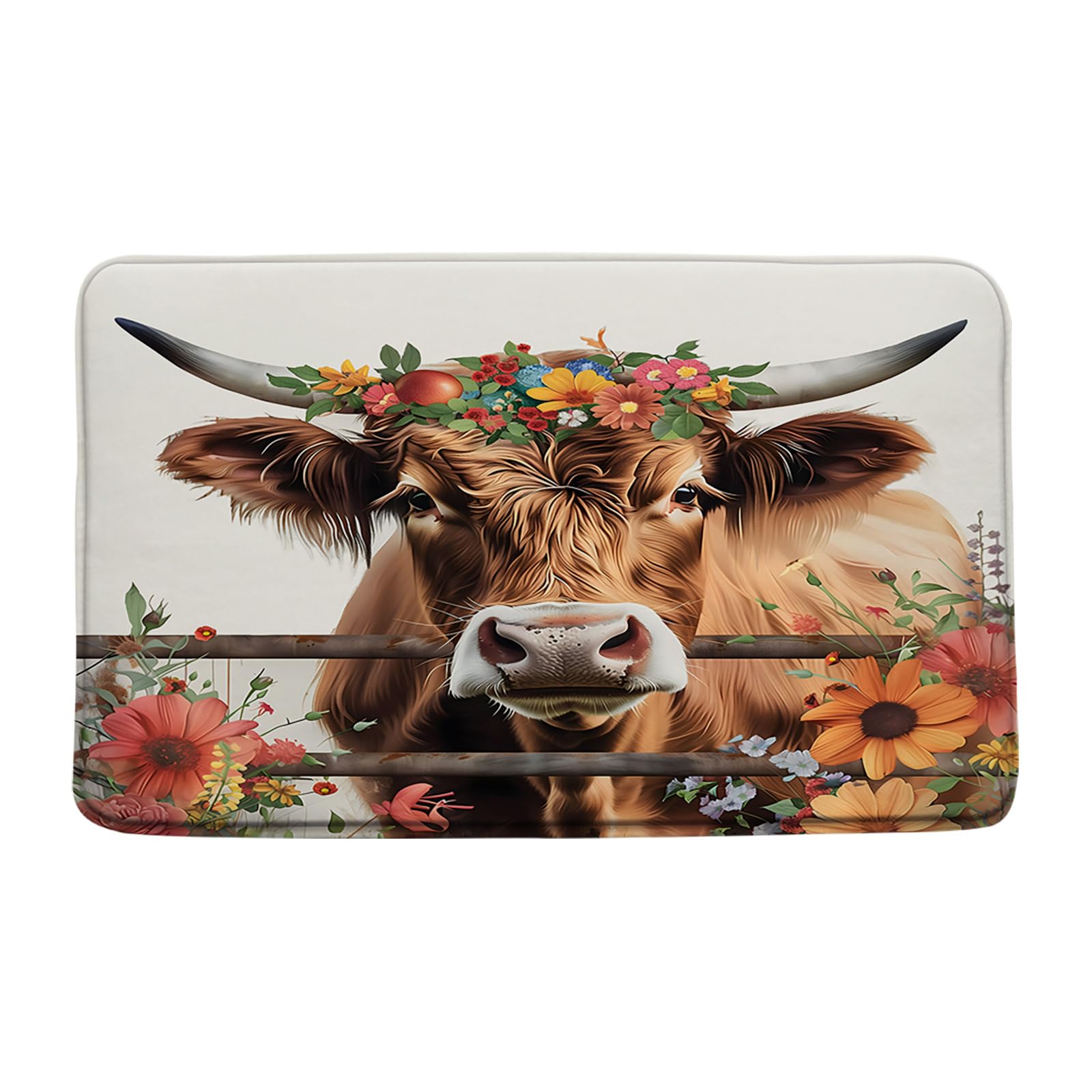 Farmhouse Highland Cow Bath Mat Rustic Western Farm Animal Longhorn Bull Floral Vintage Country Bathroom Doormat Toilet Floor Rug,16x24+16x48 Inches