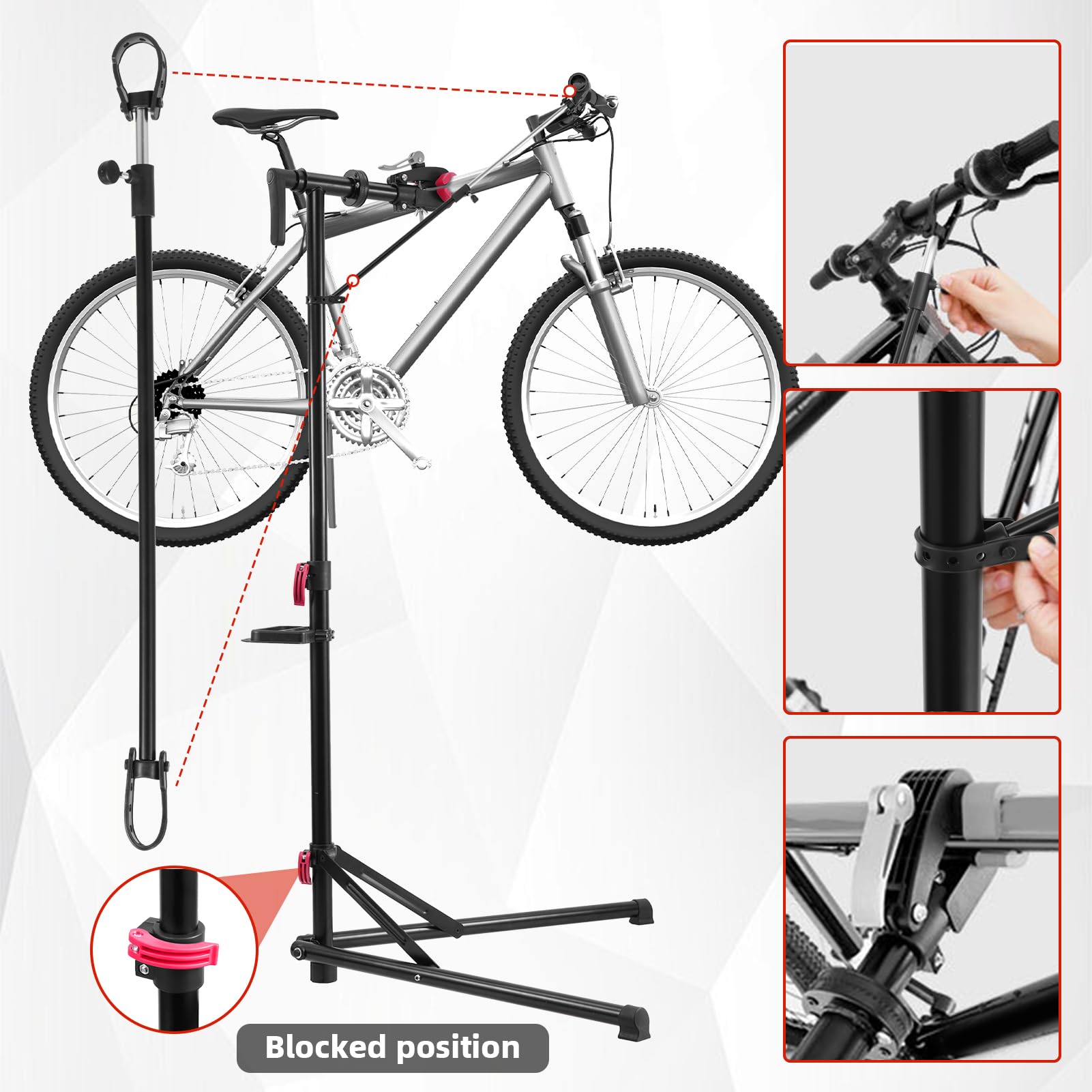 Regolabile Altezza Cavalletto Bici Manutenzione, Massima 50kg,360° Braccio | Pieghevole Cavalletto Manutenzione Bici con Vassoio Portautensili Magnetico e Barra Stabilizzatrice
