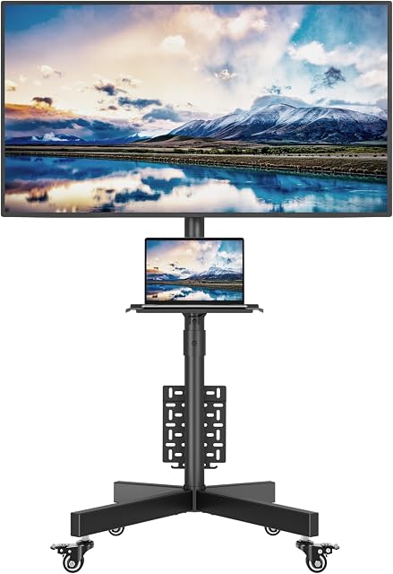 BONTEC Mobile TV Stand avec rangement Pegboard pour TV 32-65 pouces, supports, réglable en hauteur mobile TV Panier sur roues en métal avec plateau & Gestion des câbles,Pendant jusqu'à 88 C'est vrai. Max VESA 400x400mm