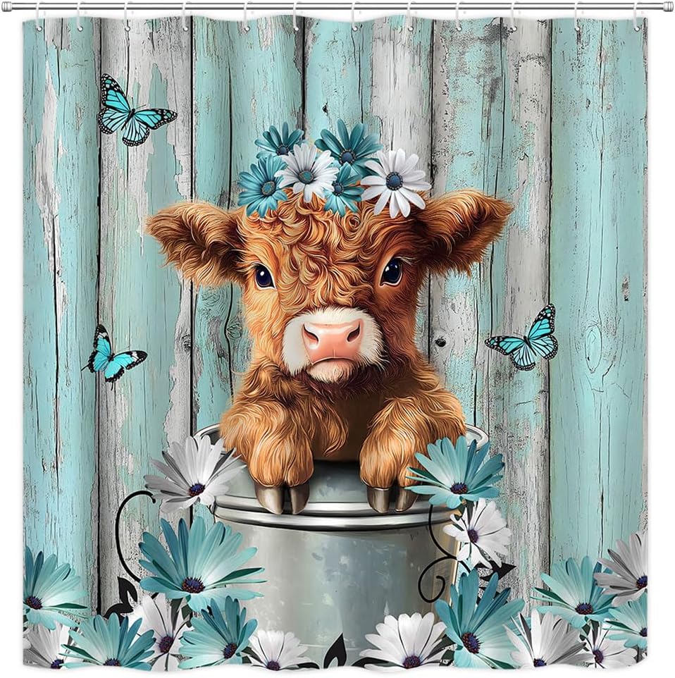 Funny Highland Cow Shower Curtain Farm Orange Daisy Floral Rustic Western Farmhouse Animal Calf Country Wooden Board Polyester Curtains Bathroom Decor with Hooks 70" Wx84 H