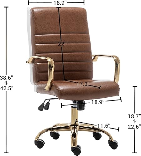 Miniatura 3 de BTEXPERT Sillón de escritorio ajustable de cuero sintético vintage marrón con brazos dorados, respaldo alto, para oficina en casa, (5162BN)