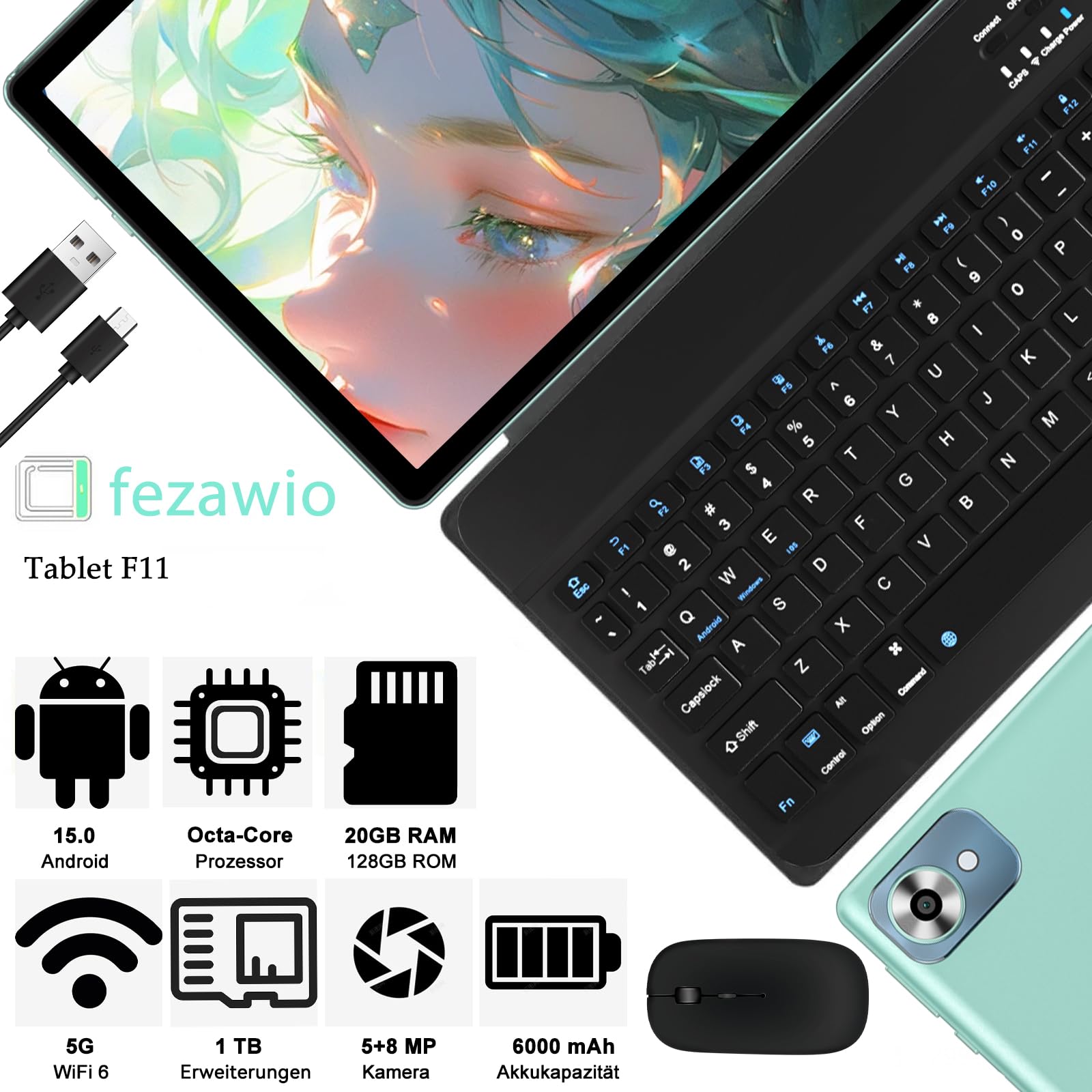 fezawio 2026 Tablet Android 15 10 Zoll,Tablets 22GB+128GB+2 TB TF,Octa Core,5G + 2,4G,WiFi6,GMS, Bluetooth 5.0,8 MP + 5 MP,Typ C,Mit Hülle, Tastatur und Maus-Grün