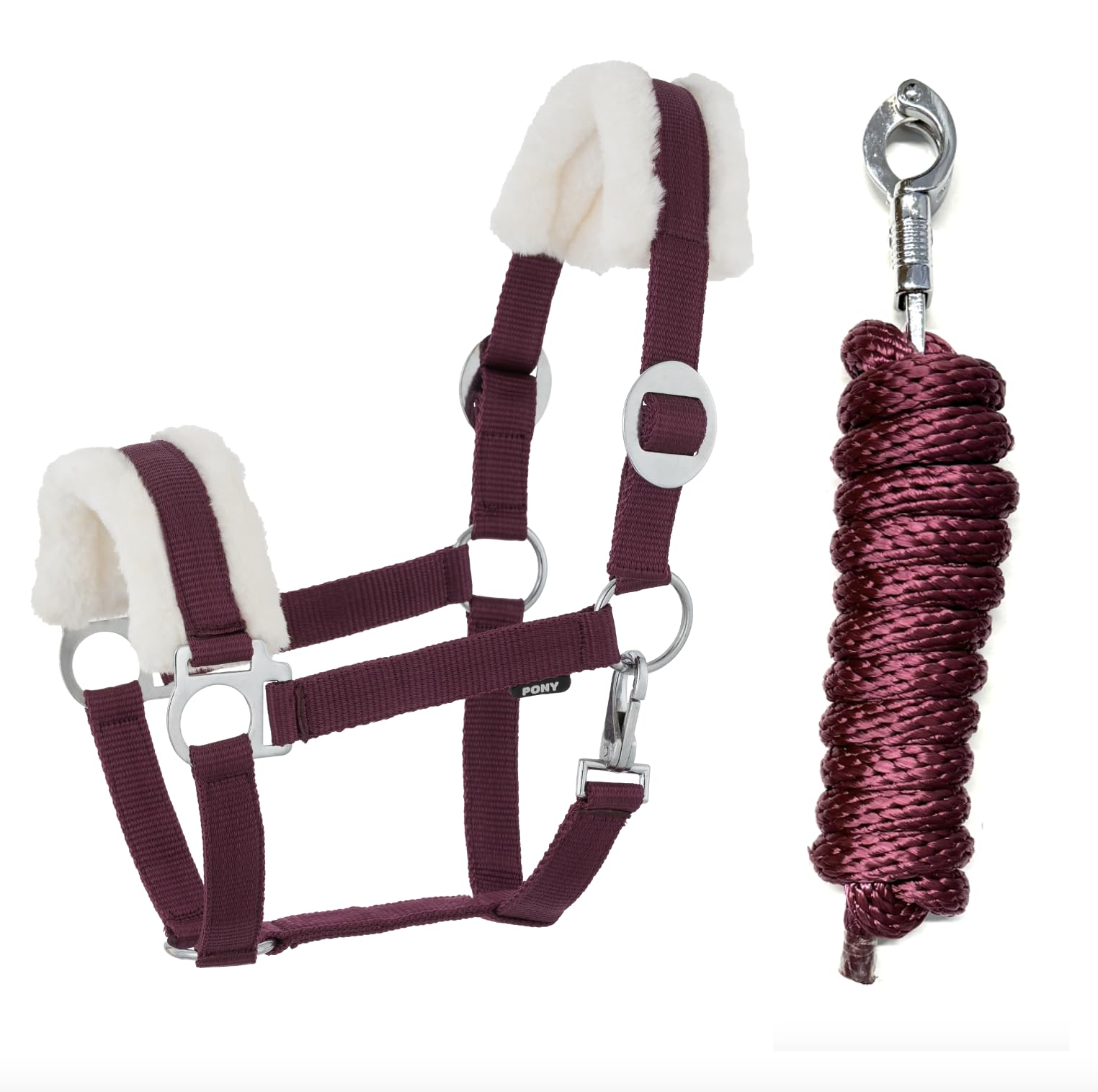 JA Horse Kunstfell Halfter Führstrick Set mit Panikhaken verstellbar Pferdehalfter Pferd Holzpferd Anbindestrick (Kunstfell Panikhaken Burgundy, Full)