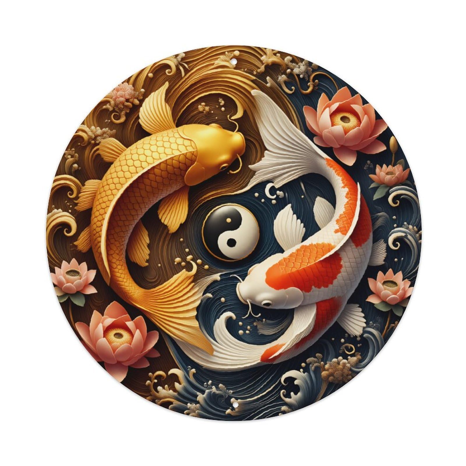 Ldfuieksufg Style Yin Yang Koi Fish Lotus Chinese Round Metal Sign Vintage Aluminium Metal Sign, Retro Wall Decor For Home, Bar, Garage & Farmhouse 20X20cm