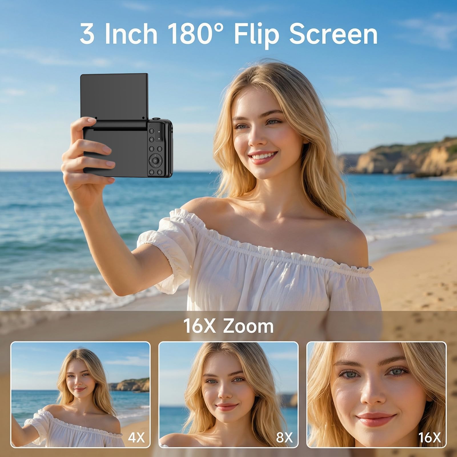 Cámara digital 4K para fotografía, cámara de vlogging de 64 MP para YouTube con pantalla abatible y antivibración, cámara de video de enfoque automático UHD con zoom digital de 16X con tarjeta SD de