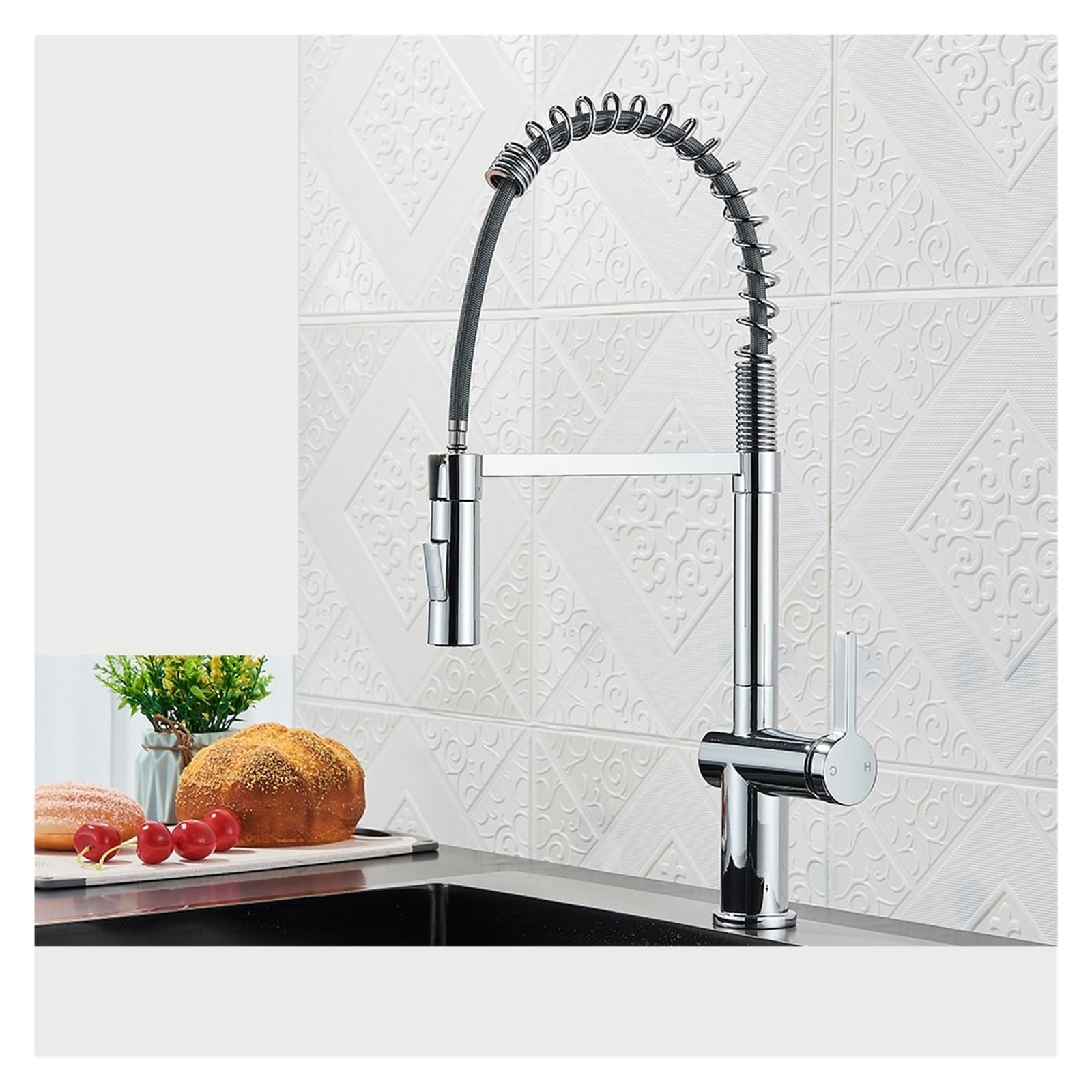 Robinet d'évier de cuisine extractible noir et chrome mitigeur laiton monté sur pont