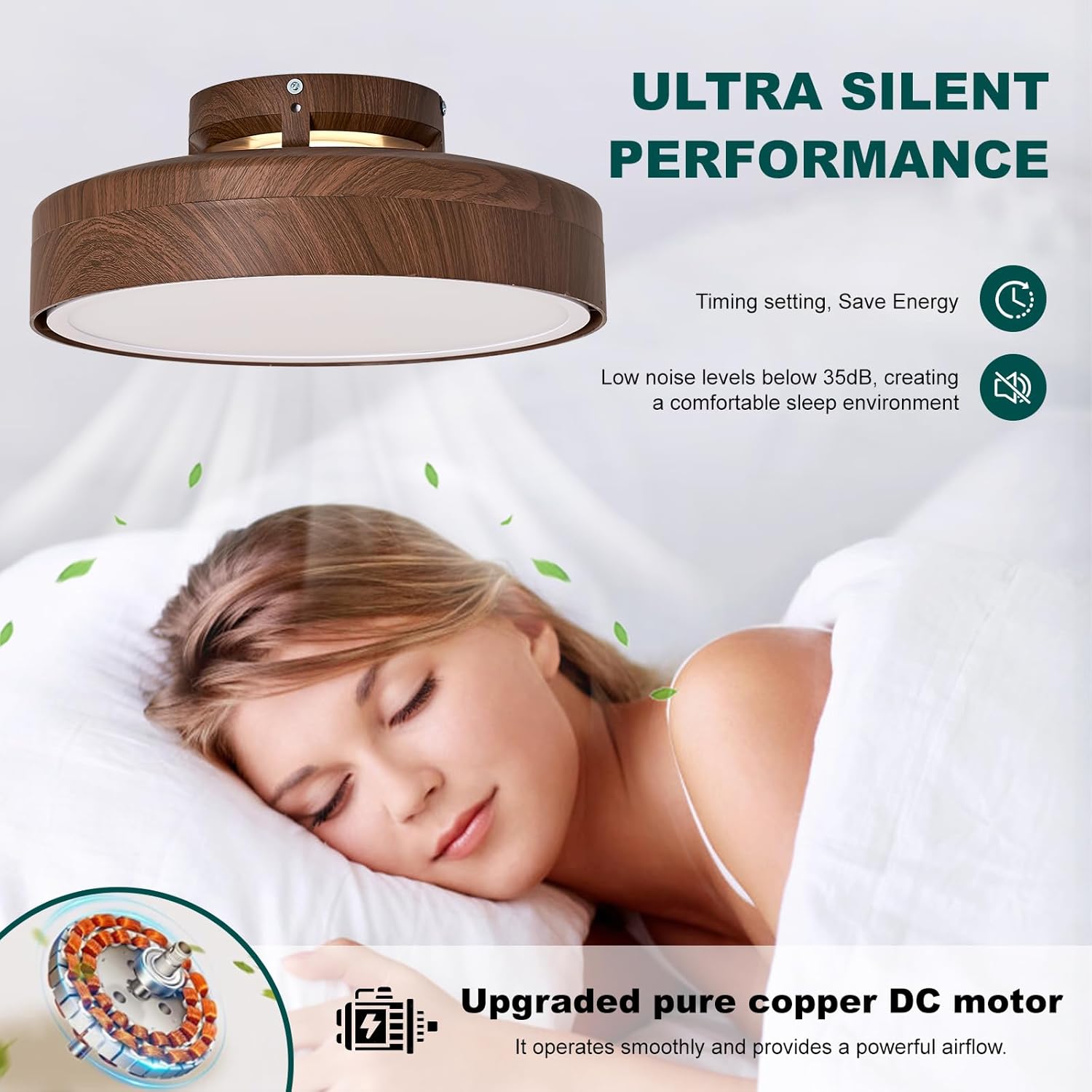 Modern Bladeless Ceiling Fan with Light and Remote, 17.7″ Flush Mount Enclosed Chandelier Fans, Stepless Dimming LED Ceiling Fan Light for Bedroom Living Room, Walnut