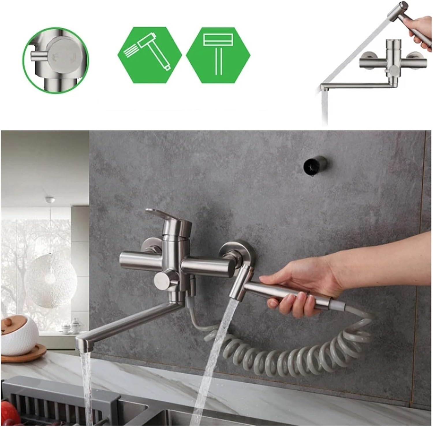 Stainless Steel Kitchen Brushed Extension 2 Functions Wall-Mounted Bathtub Mixing Valve Shower Faucet Hand Spray(Onluy Faucet)