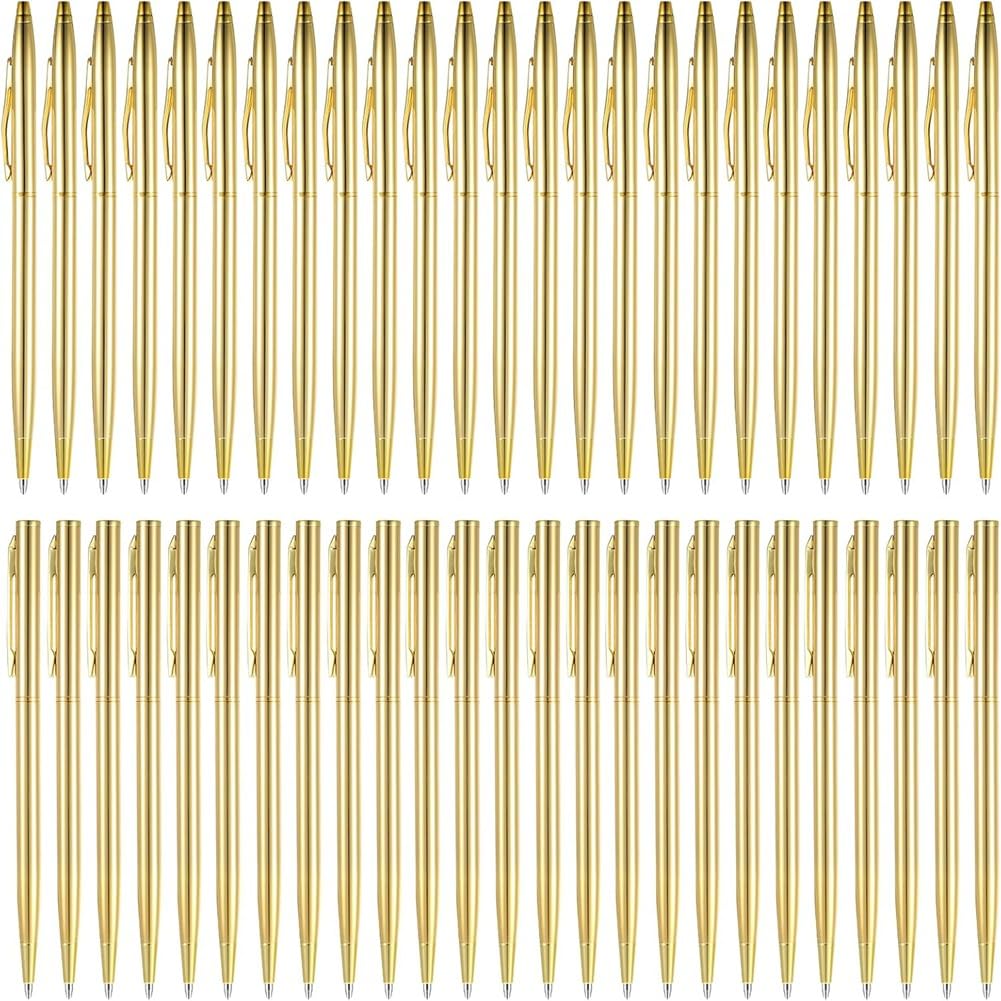 Eleganckie złote metaliczne cienkie, 50 sztuk, zwijane długopisy do prezentów ślubnych, do użytku domowego, czarny atrament, końcówka 1 mm
