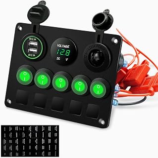 FXC 5 Gang Rocker Switch Panel with Dual USB Slot Socket 5V 4.2A + Cigarette Lighter + Voltmeter for Marine Boat Car Rv Vehicles Truck 12-24V Waterproof Blue LED (5B Green)