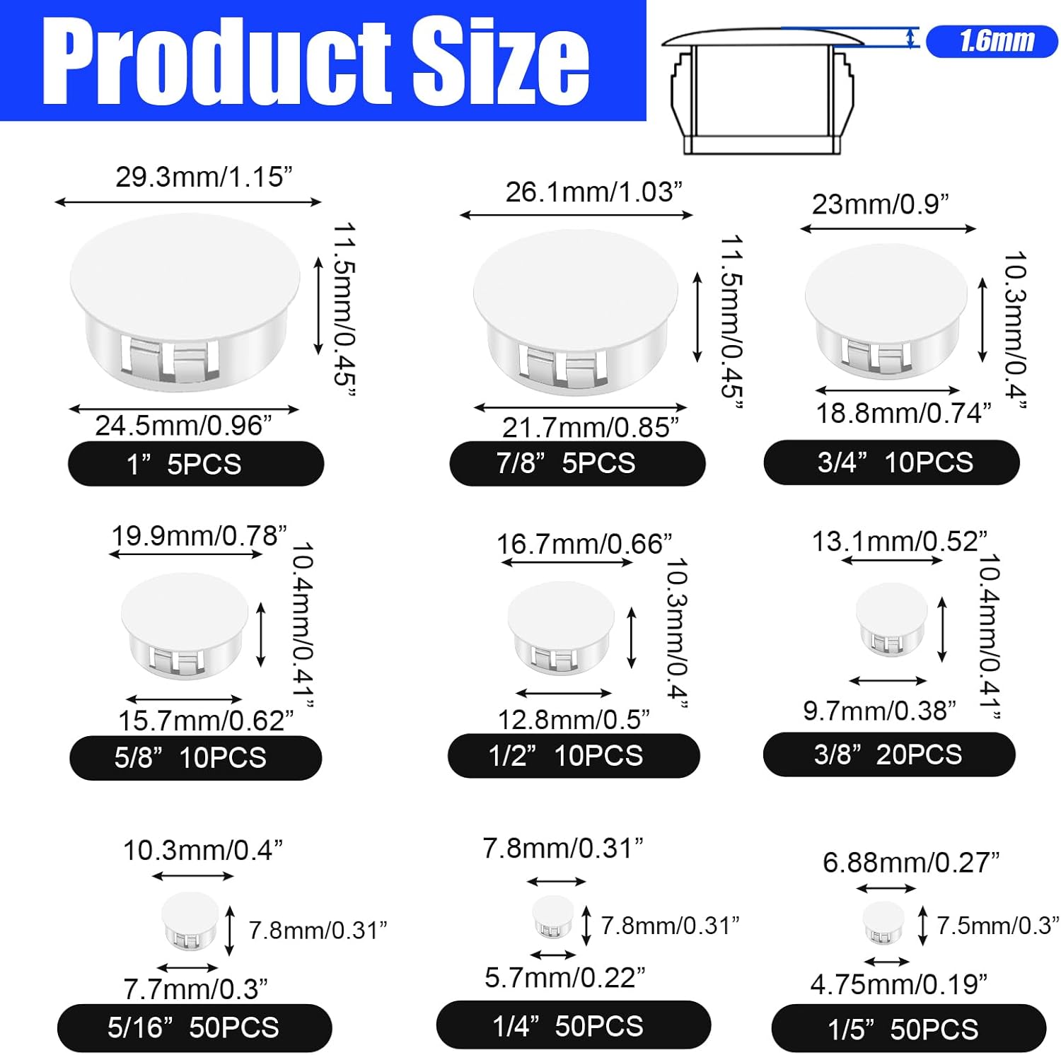 210PCS 9Sizes White Plastic Hole Plugs, Round Drilling Hole Cover Plugs for Cabinet, Flush Type Panel Knockout Locking Plastic Plugs Insert End Caps (1/5" 1/4" 5/16" 3/8" 1/2" 5/8" 3/4" 7/8" 1")