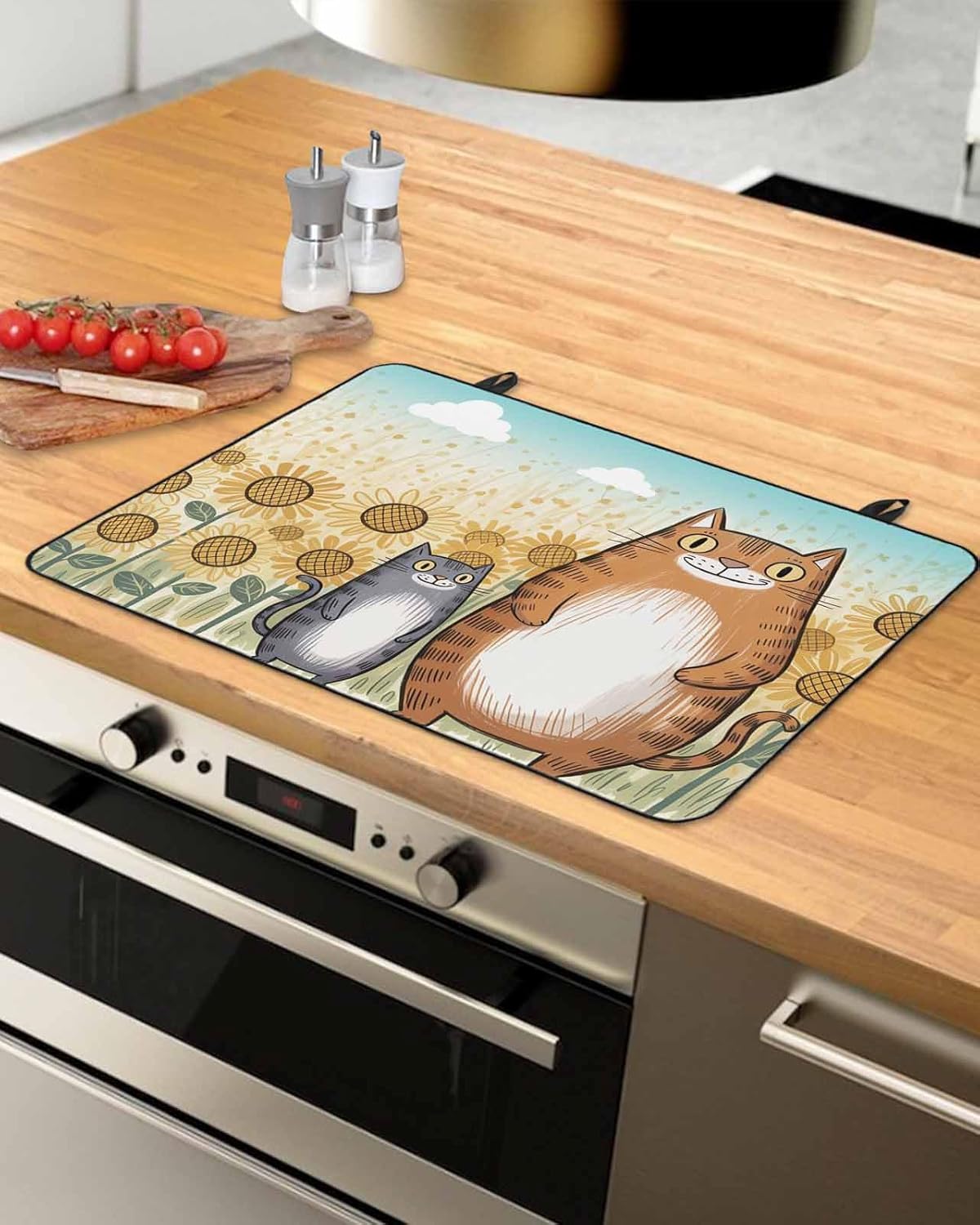 Japanese Yellow Cats Stove Top Cover for Electric Stove, Sunflowers Cartoon Country Animals Heat-proof & Non Slip Glass Top Stove Cover Protector, Kitchen Flat Cooktop Rubber Mat 36x21 Inches