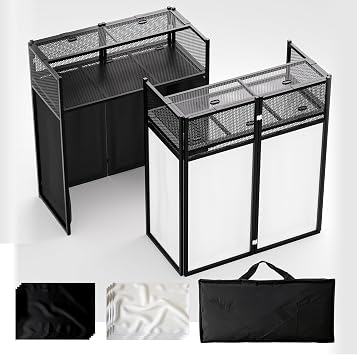 Portable DJ Booth Table,Foldable DJ Table Stand with White & Black Scrim,Adjustable DJ Facade Booth Station Metal Frame with Cable Hole for Private Events, Clubs, Bars 40x20 Double Deck