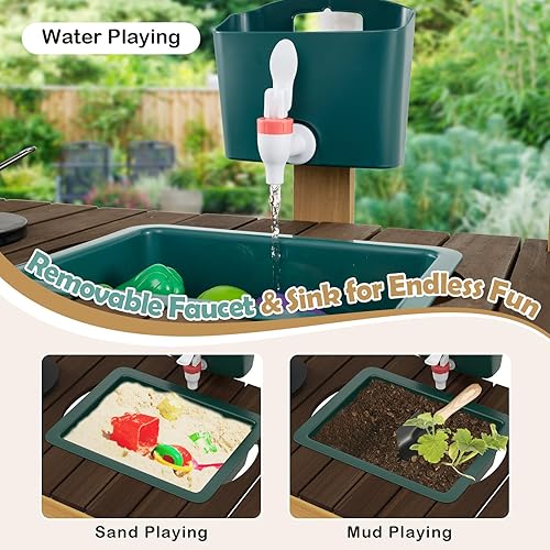 Miniatura 3 de Costzon Juego de cocina para niños, juego de juguete de madera con grifo extraíble, fregadero, estufas, perillas de rotación, jardineras, enrejado y