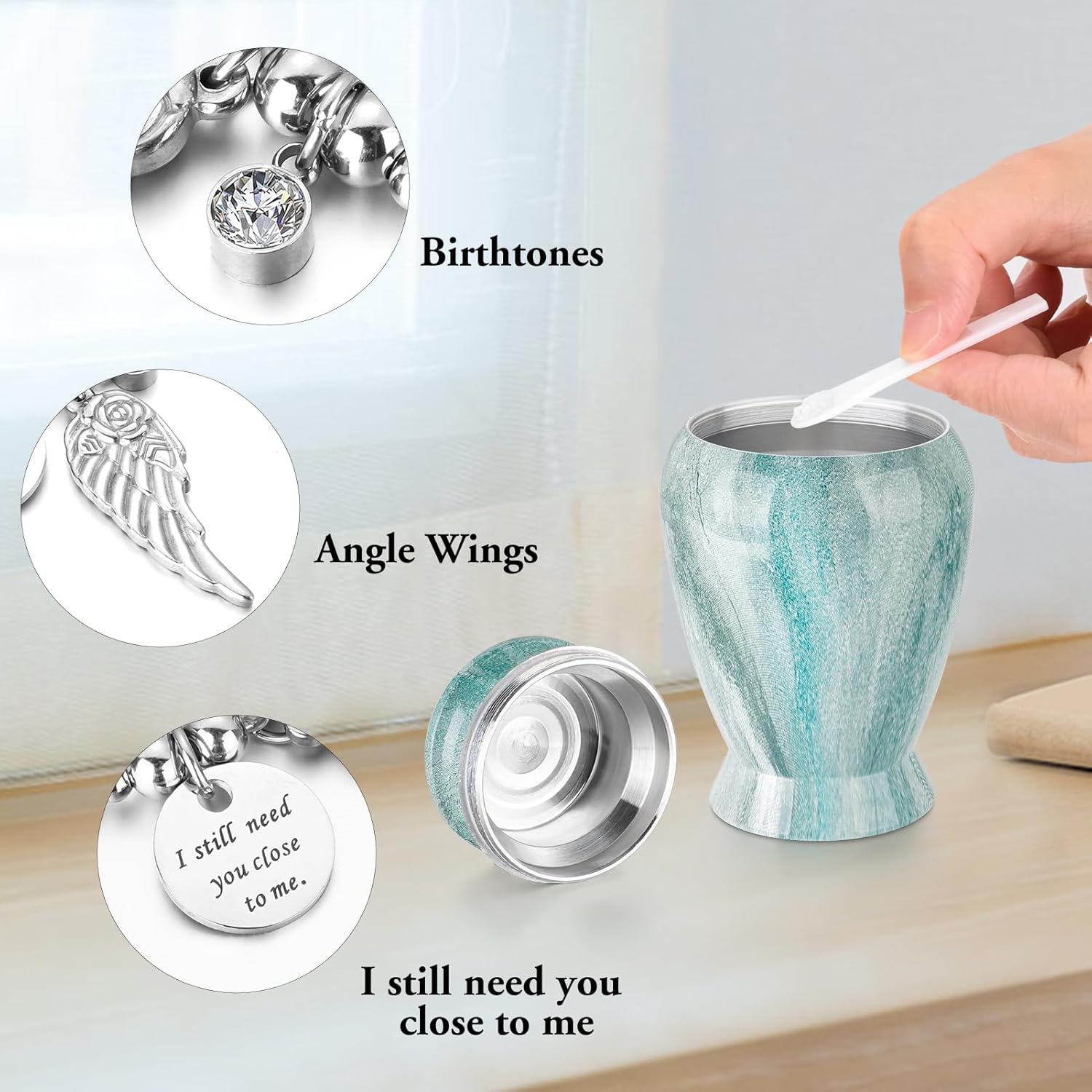 Memorials Small Urns for Human Ashes Keepsake Aluminum Mini Urns for Ashes with Angel Wing Charm Decorative Burial Urn Funeral Cremation Urns for Women and Men (Light Green) - Image 4