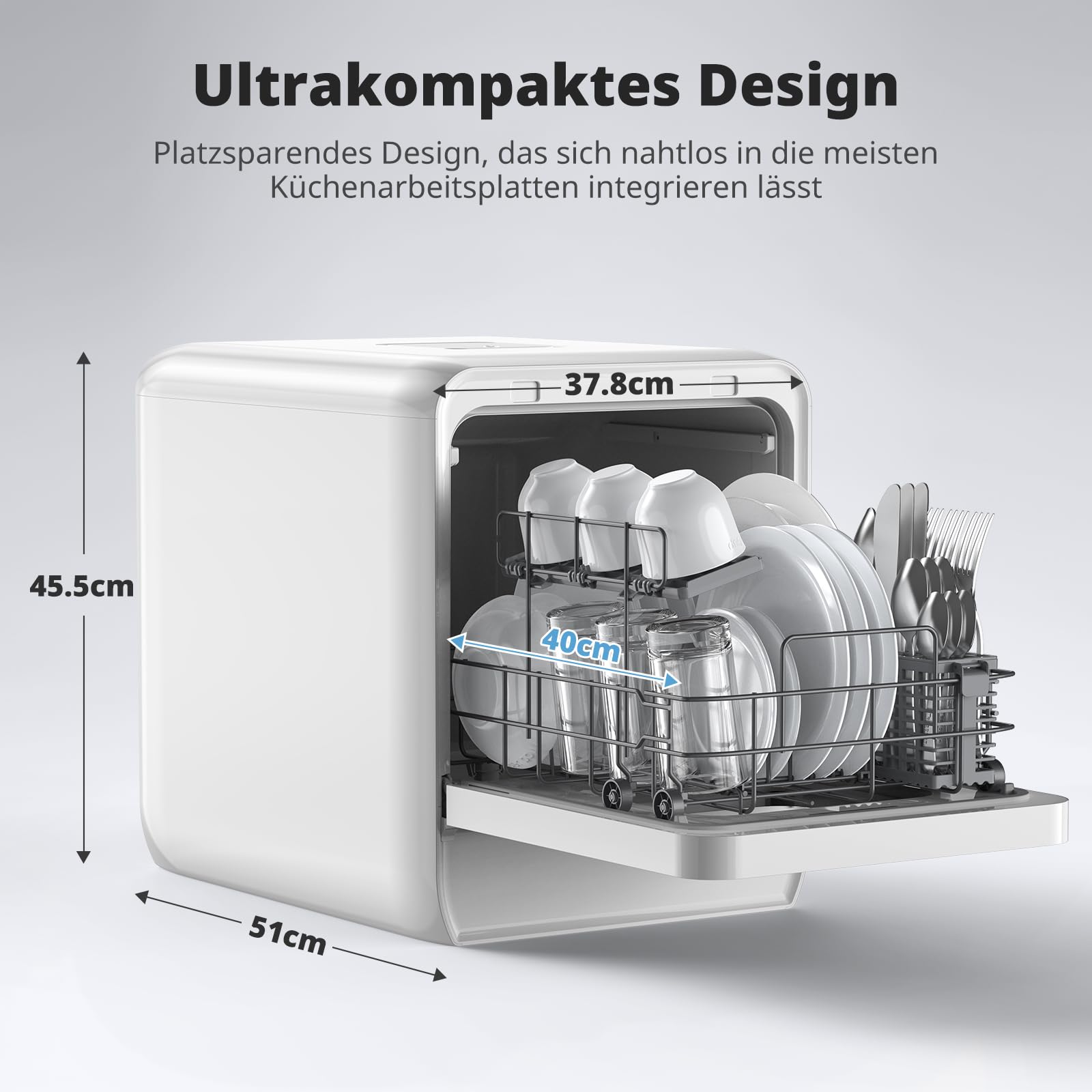 AIRMSEN Tischgeschirrspüler Mini Geschirrspüler 9 Programme 37x50cm Ultra-Schmal Tief 1-24H Timer 360° Doppelspray Weiß