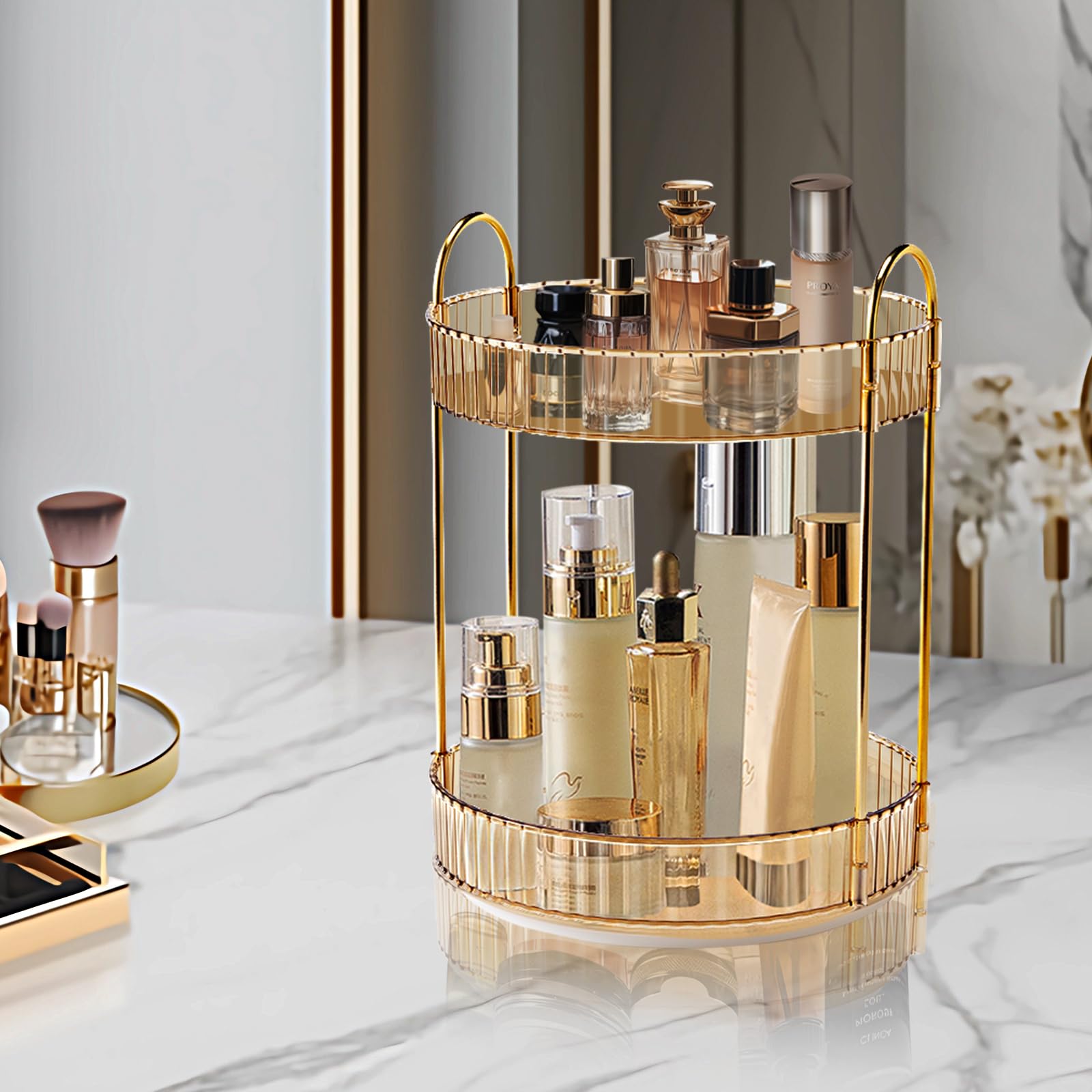 YEEYAA Rotating Makeup Organizer for Vanity,Large-Capacity Skincare Perfume Organizers,360° Spinning Cosmetics Storage Vanity Shelf Countertop,Make up Organizer Tray for Perfume,Skin care,Lipsticks