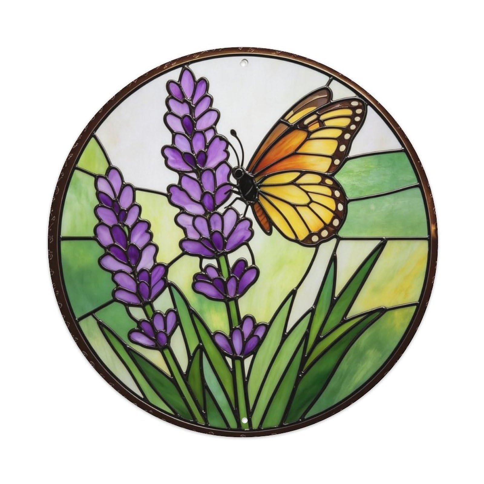 Butterfly on Purple Lavender Flower Stained Glass Metal Tin Sign Plaque