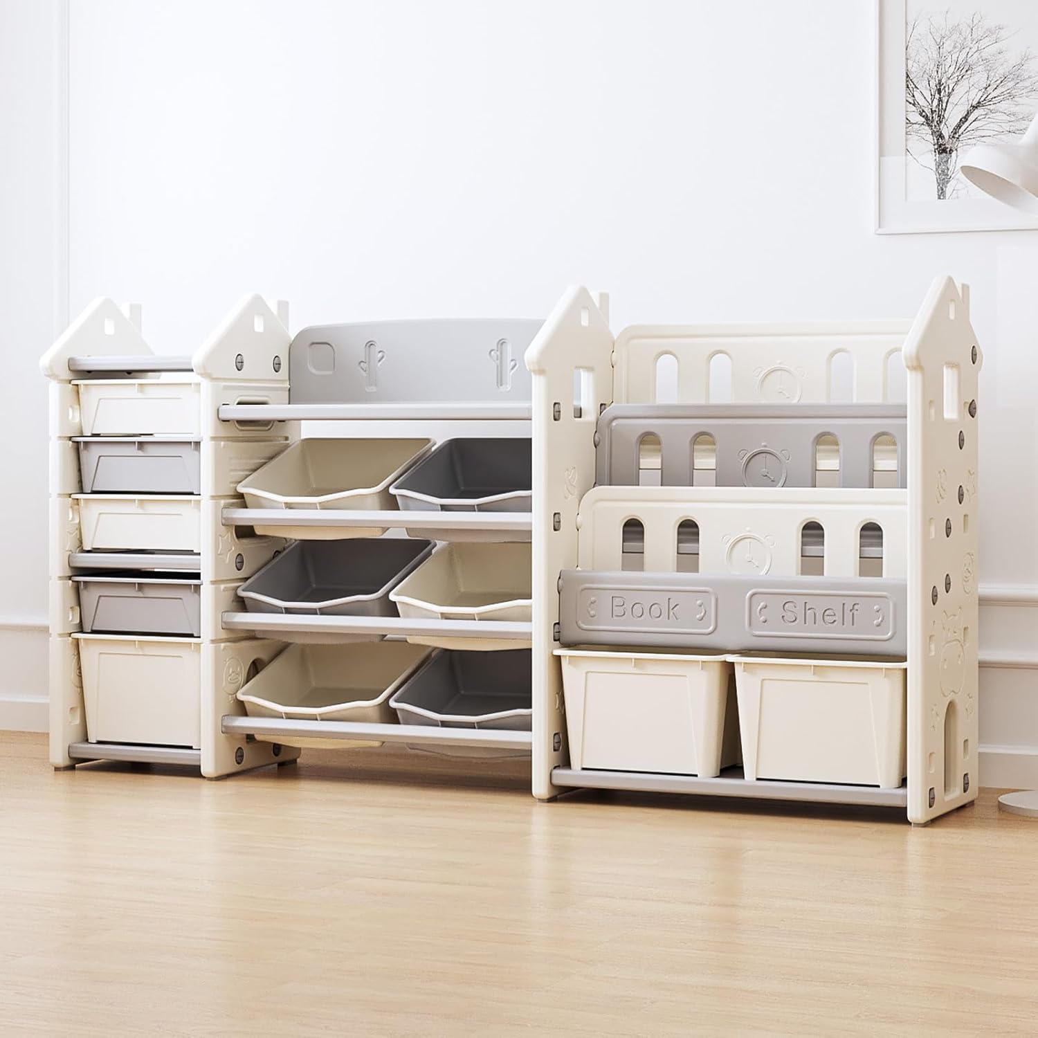 Kids toy storage organizer bookshelf for playroom or classroom