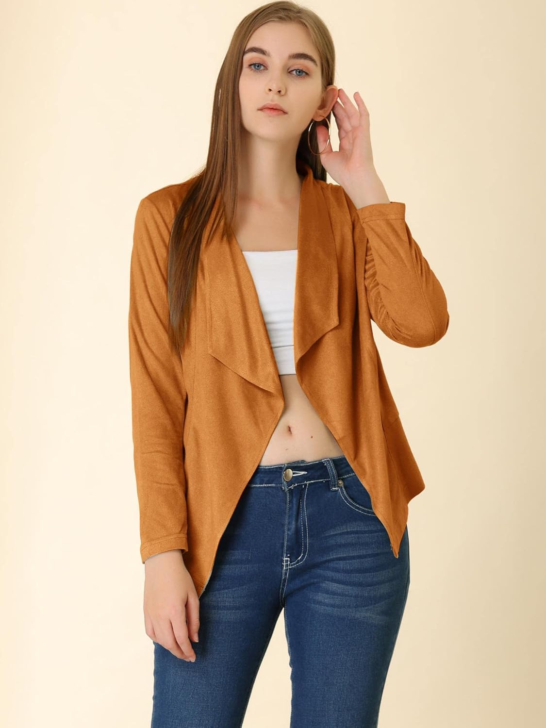 Allegra K Women Faux Suede Jacket Lapel Draped Open Front Cardigan Casual Trendy Suede Blazer - Image 4