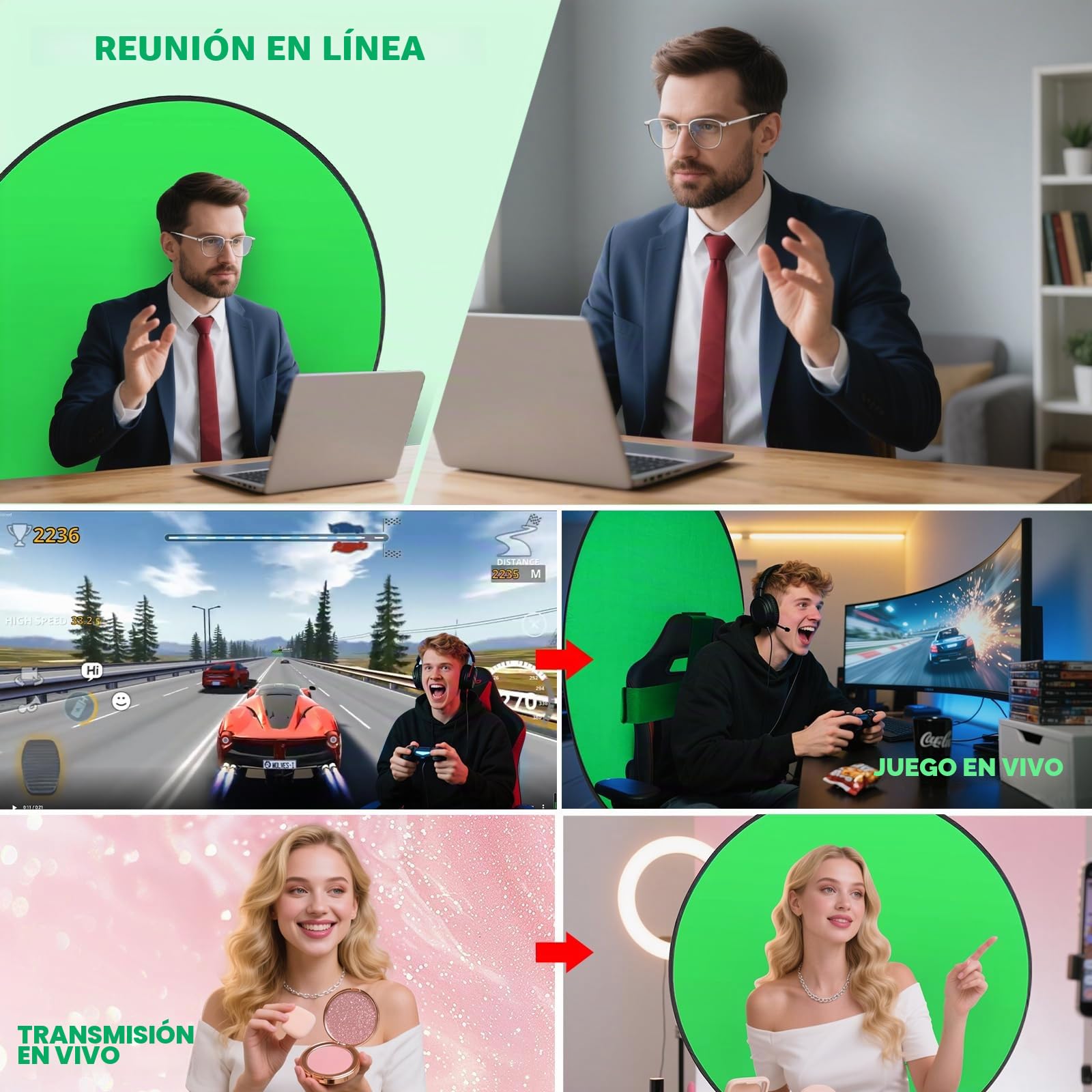 Pantalla Verde Redonda 145 cm Plegable – Fondo Croma Portátil para Fotografía, Streaming y Videollamadas – Tela Chroma Key (Redondo)