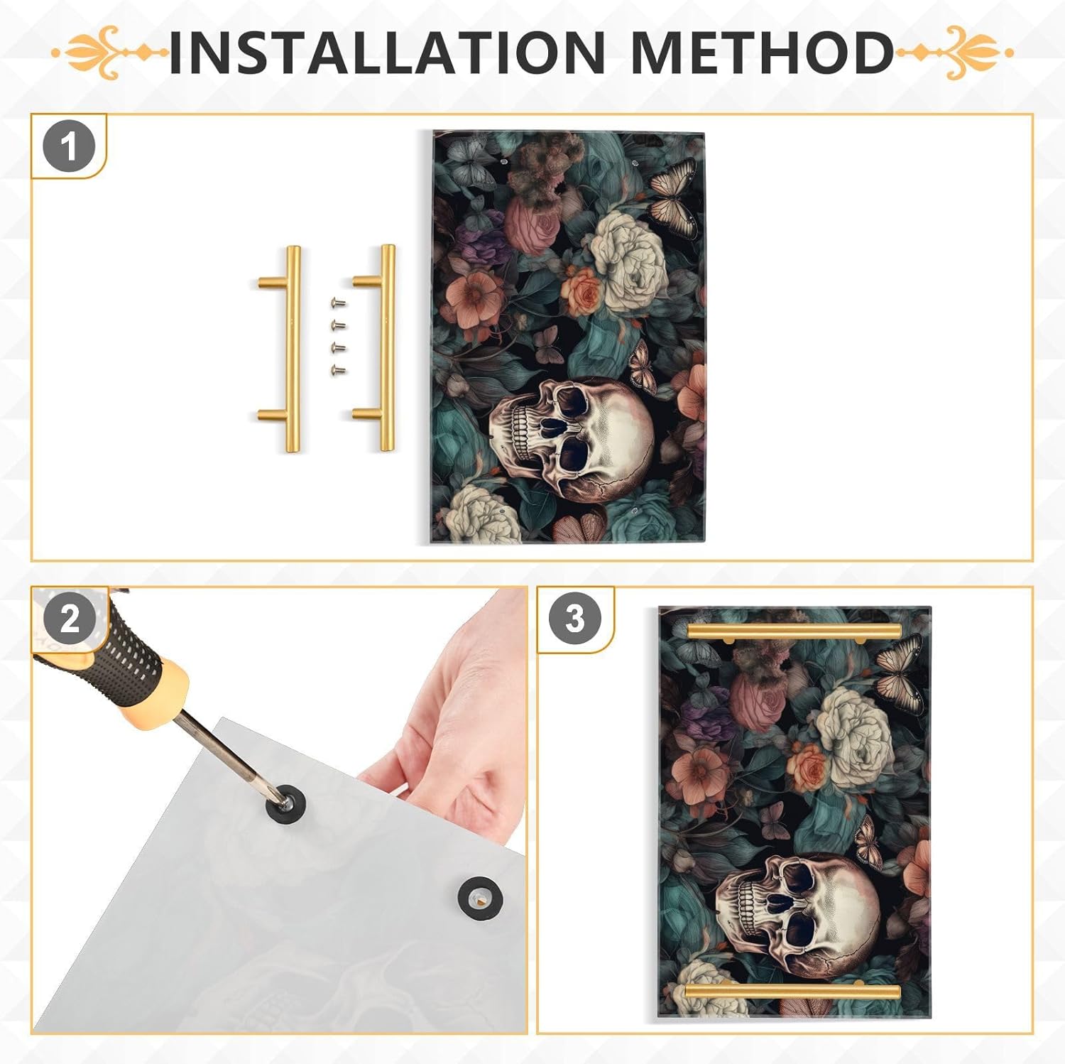 Decorative Tray Skull Butterflies Print, Acrylic Serving Tray Coffee Table Tray with Metal Handles for Bathroom Living Room Bedroom 7.87×11.81 in