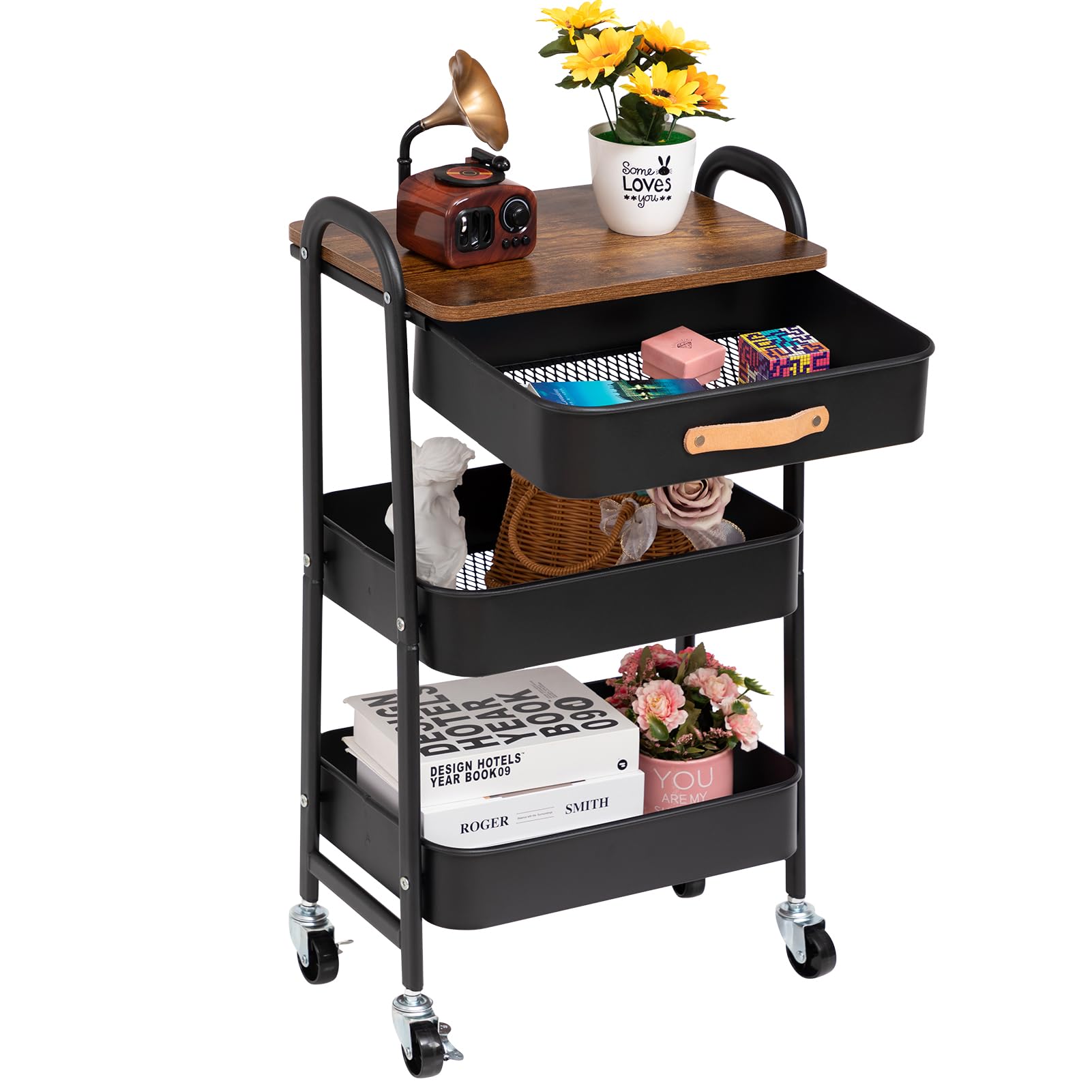 AGTEKMakeup Cart Movable Rolling Organizer Cart with Drawer, 3 Tier Metal Utility Cart with Hanging Cups,Drawer with Leather Handle, Mobile Trolley Cart for Home & Office, Black