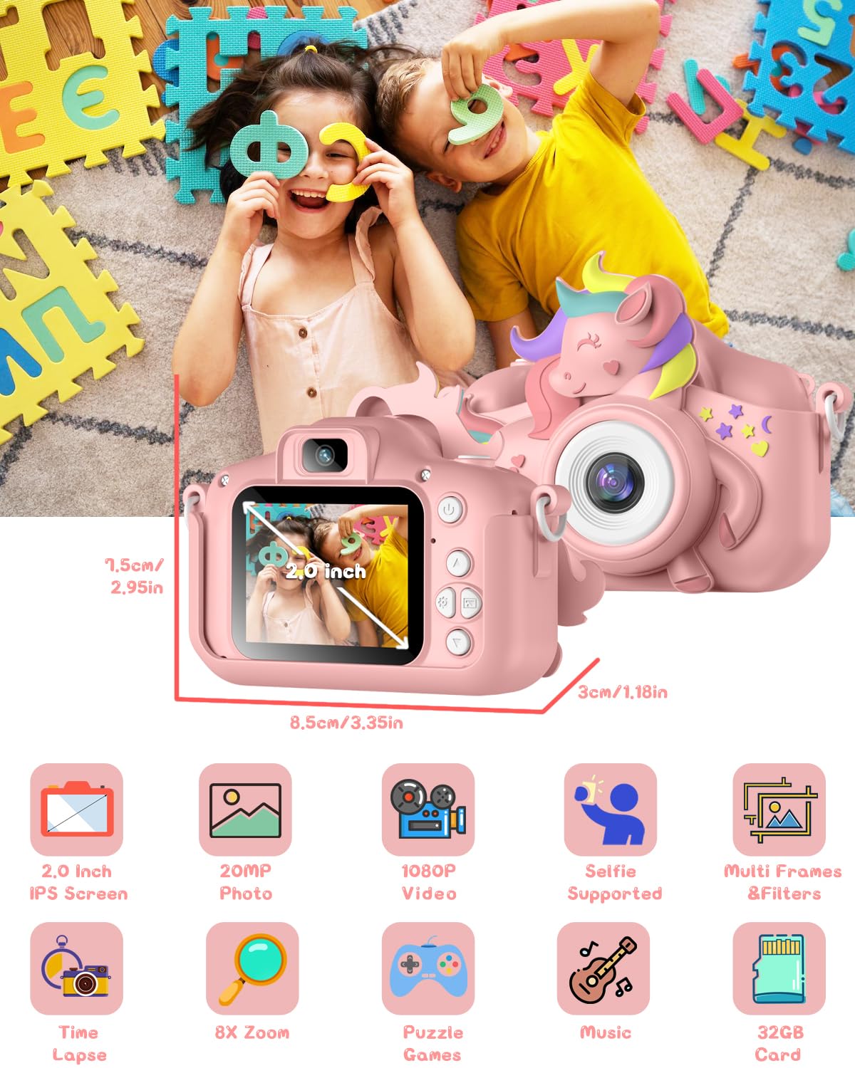 Macchina Fotografica Bambini, Gofunly 2.0 Pollici Schermo Mini Ricaricabile Fotocamera Digitale Bambina, 1080P HD Videocamera Regalo Giocattolo di Natale &Compleanno per Ragazze 3-12 Anni, Scheda 32GB