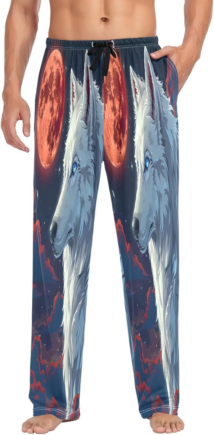 ALAZA Wolf Red Moon Starry Sky Men's Pajama Pants Men Cotton Pajama Bottoms with Pockets, S