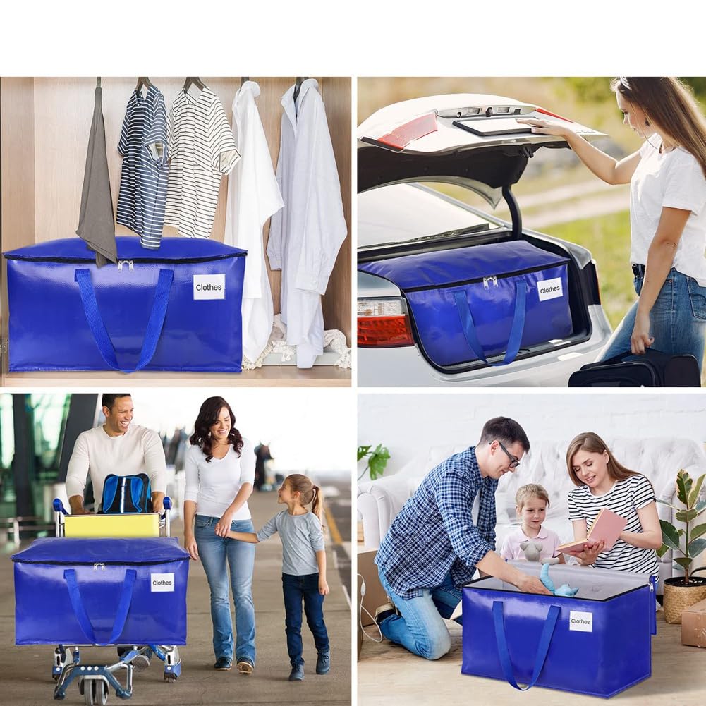 4 sacchetti portaoggetti extra large resistenti da 105 l, in plastica, organizer per armadio con cerniera e manici durevoli, borse giganti riutilizzabili da viaggio per la biancheria, nero
