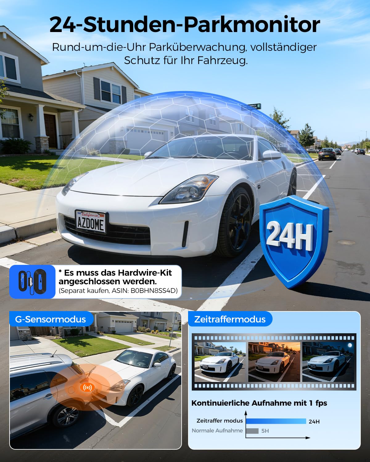 AZDOME Dashcam Auto 4 Kanal 360 Grad Dashcam mit Apple Find My (nur iOS), 5.8GHz WiFi, 64-GB-Karte, 2.5K+3 * 1080P Dashcam, IR Nachtsicht, Parkmodus, Erinnerung bei Müdigkeit am Steuer(M350)